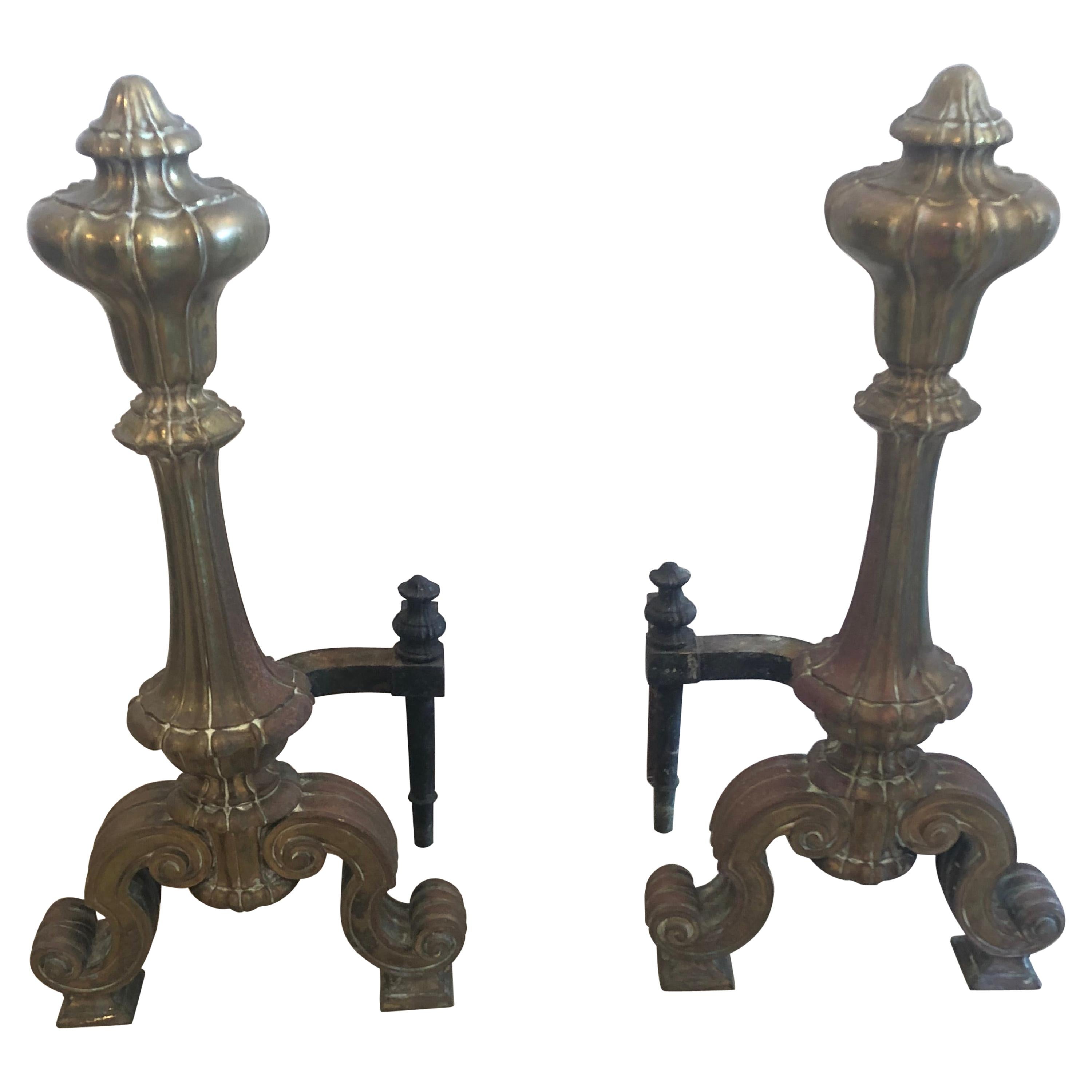 Gorgeous 19th Century Pair of Bronze Andirons Chenets For Sale