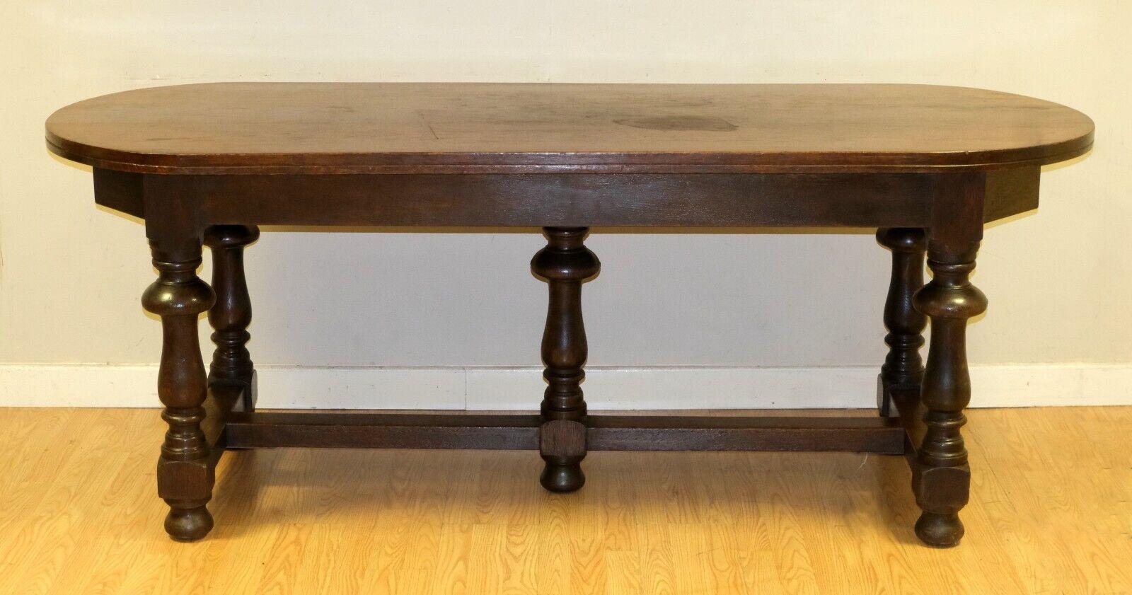 We are delighted to offer for sale this gorgeous 19th Century Oak Hall or Refectory dining table on beautifully decorated stretchers.

This lovely piece is risen on four turned legs and one in the middle for extra support, all joined on a thick