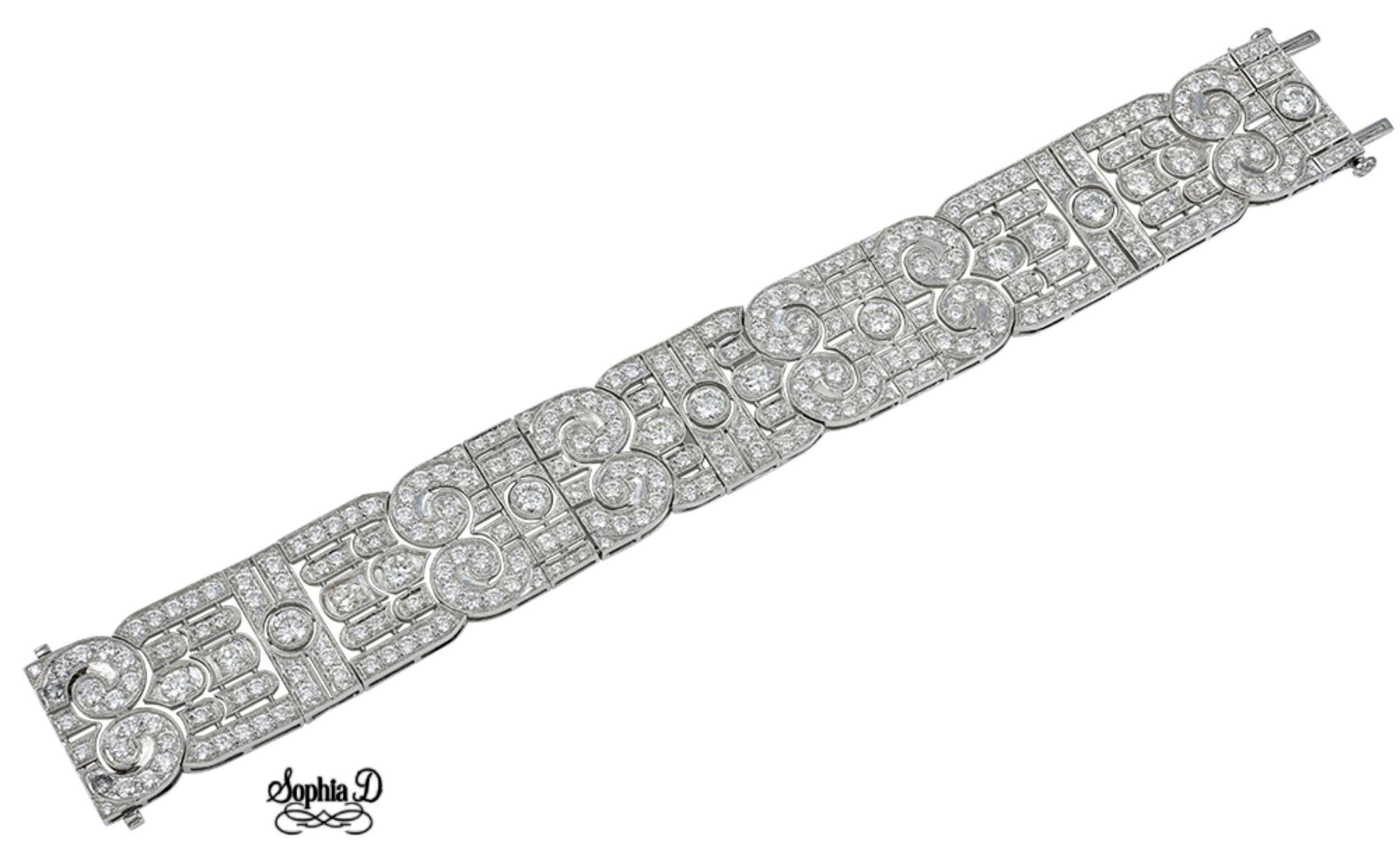 Art déco Bracelet Sophia en platine avec diamants de 21,37 carats en vente