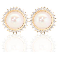 Gorgeous 22.74ct Pearl Earrings with Side Diamonds in 18K Yellow Gold