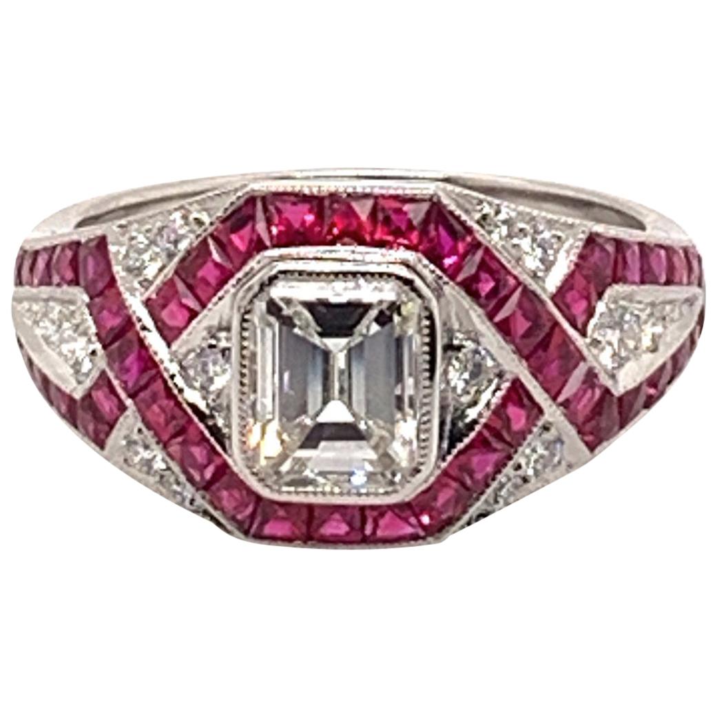 Sophia D. 2.36 Carat Emerald Center Diamond and Ruby Platinum Ring For Sale