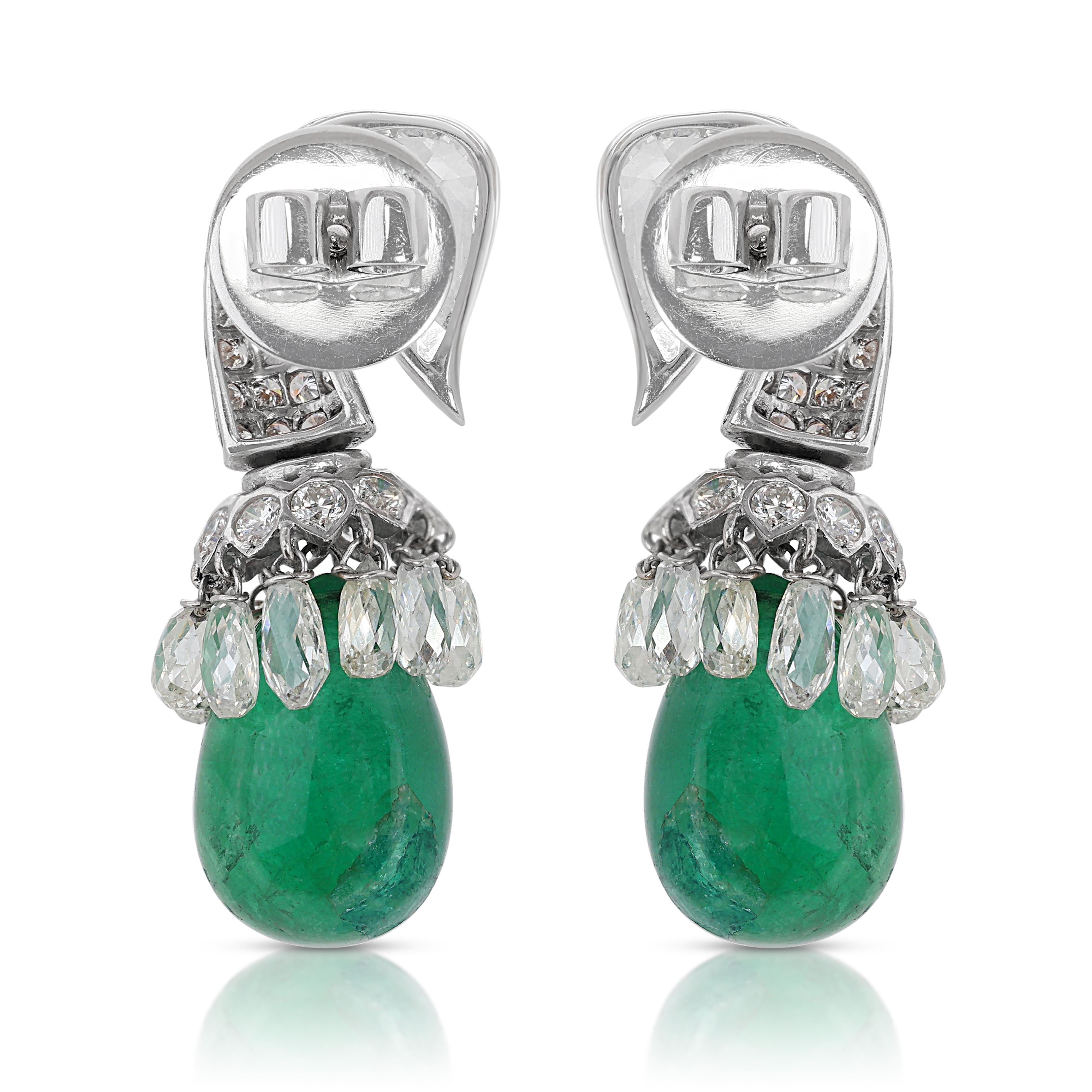 Gorgeous 24.31ct Green Emerald Teardrop Earrings with Diamonds in 18K White Gold For Sale 1