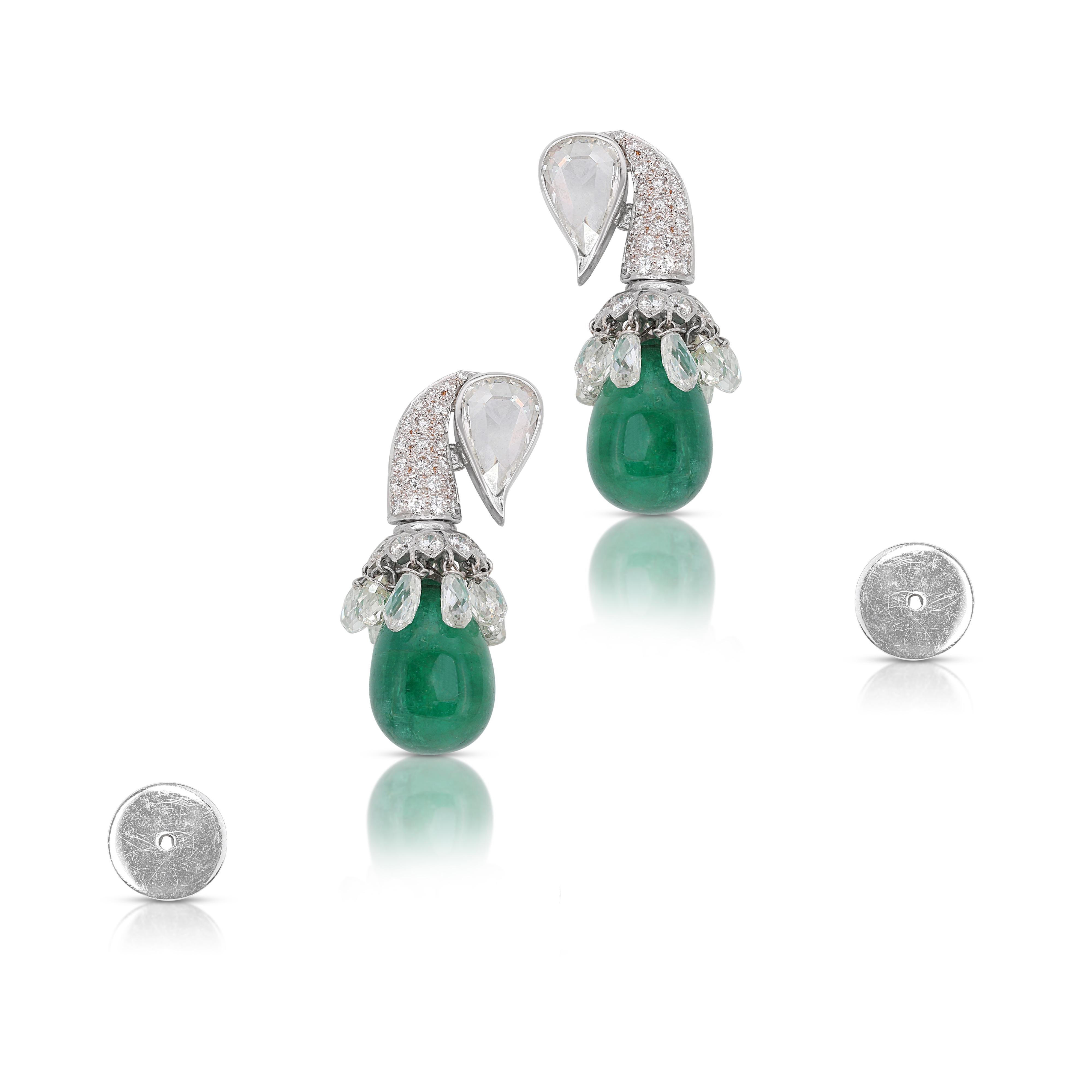 Gorgeous 24.31ct Green Emerald Teardrop Earrings with Diamonds in 18K White Gold For Sale 2