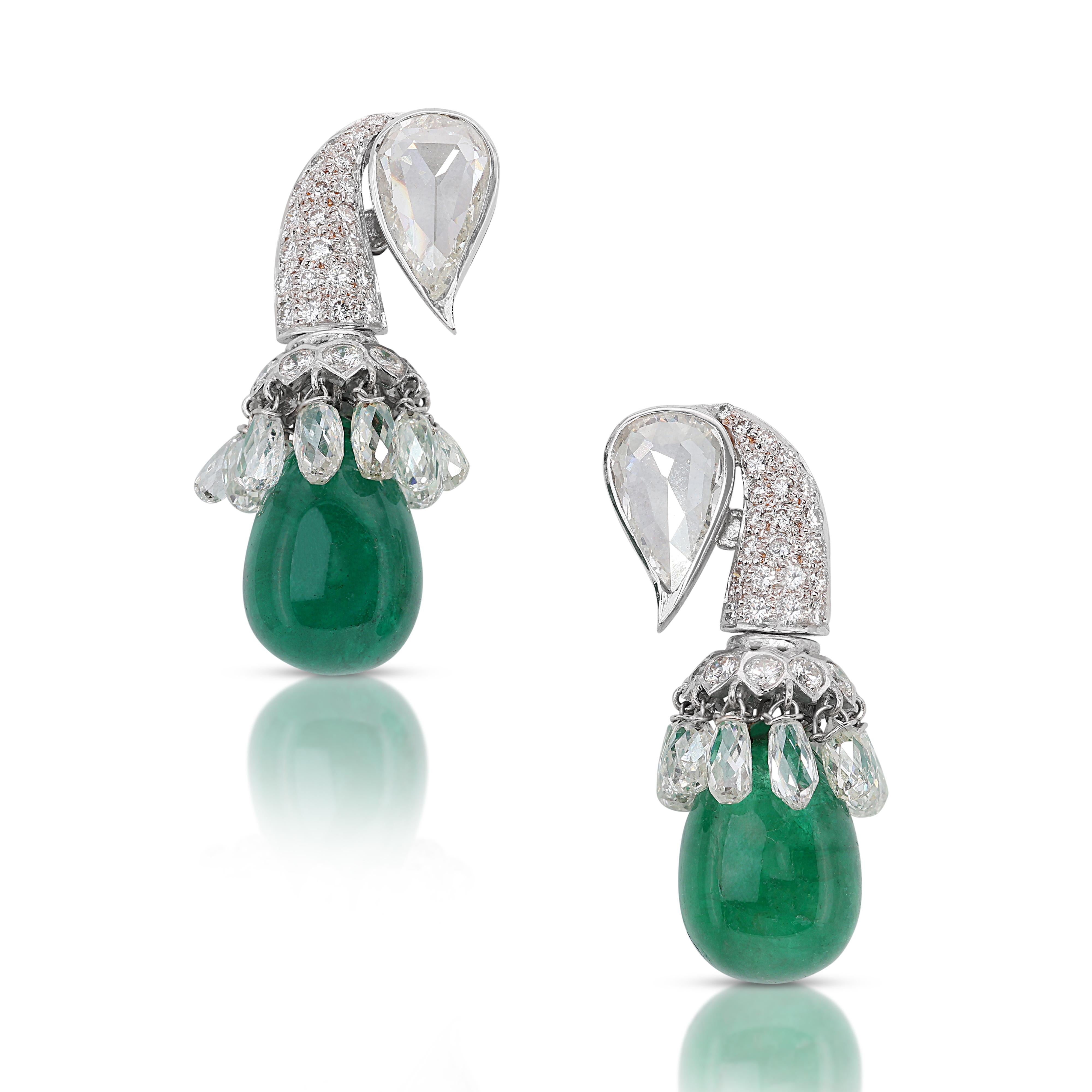Gorgeous 24.31ct Green Emerald Teardrop Earrings with Diamonds in 18K White Gold For Sale 3