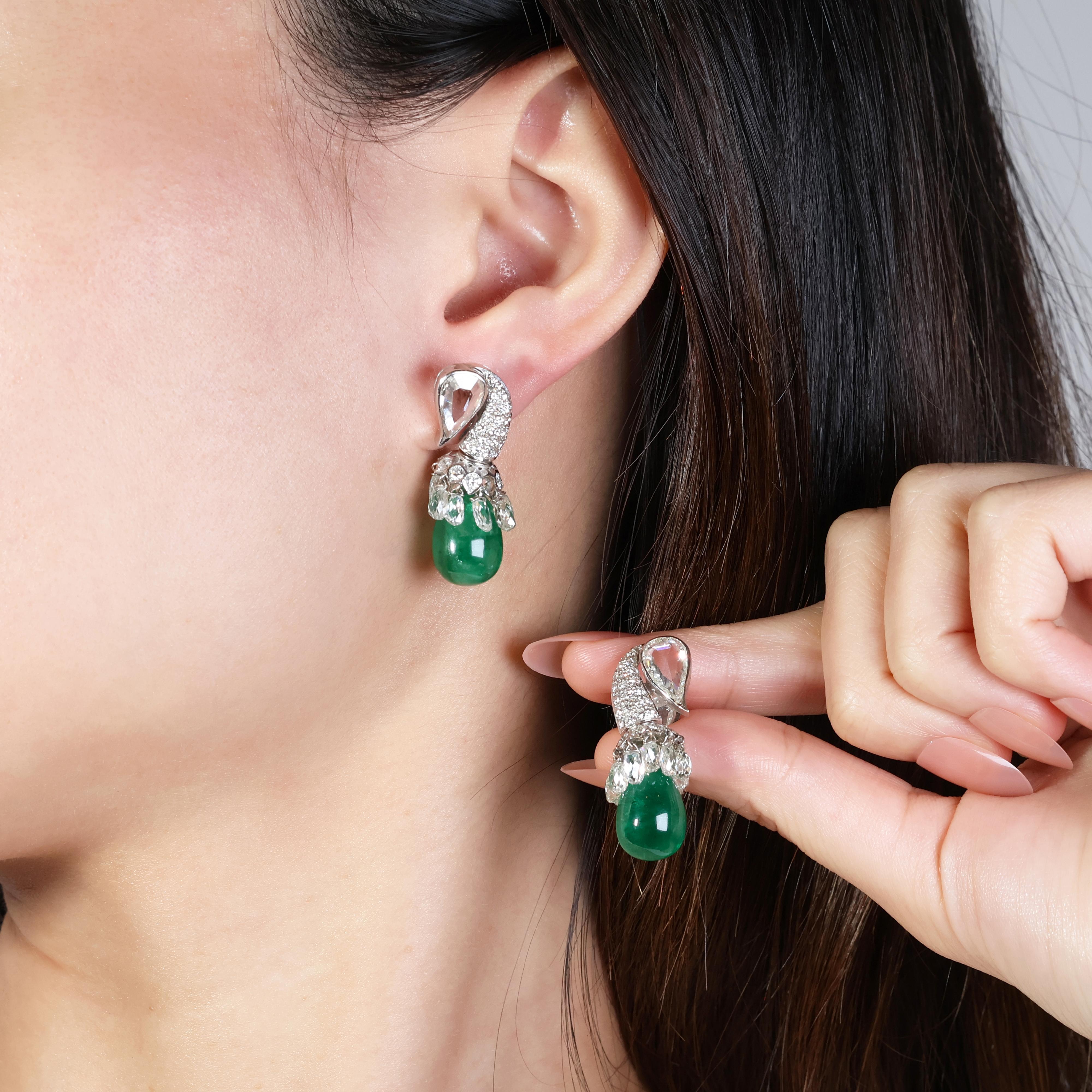 Gorgeous 24.31ct Green Emerald Teardrop Earrings with Diamonds in 18K White Gold For Sale 4