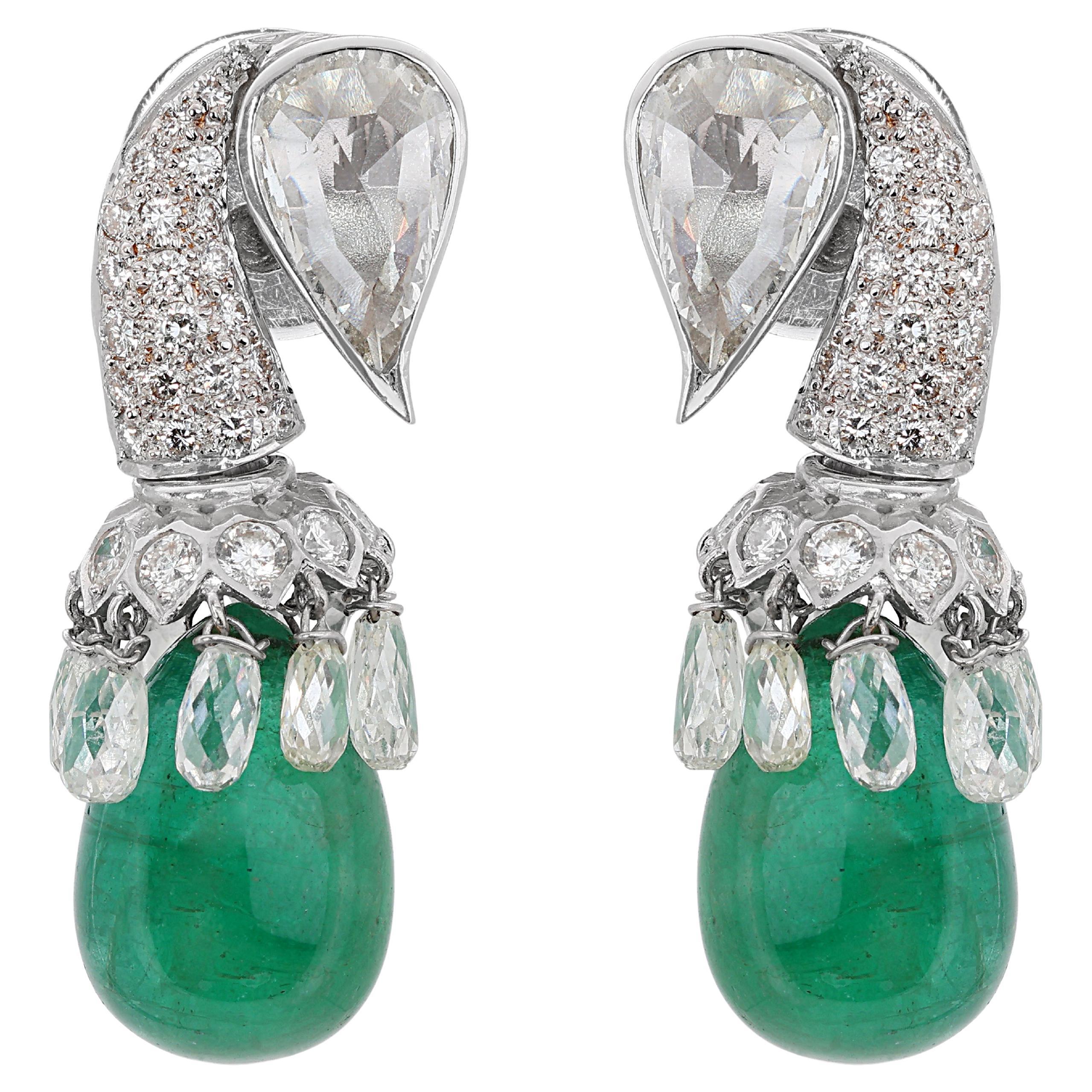 Gorgeous 24.31ct Green Emerald Teardrop Earrings with Diamonds in 18K White Gold For Sale