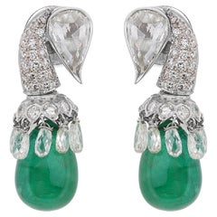 Gorgeous 24.31ct Green Emerald Teardrop Earrings with Diamonds in 18K White Gold