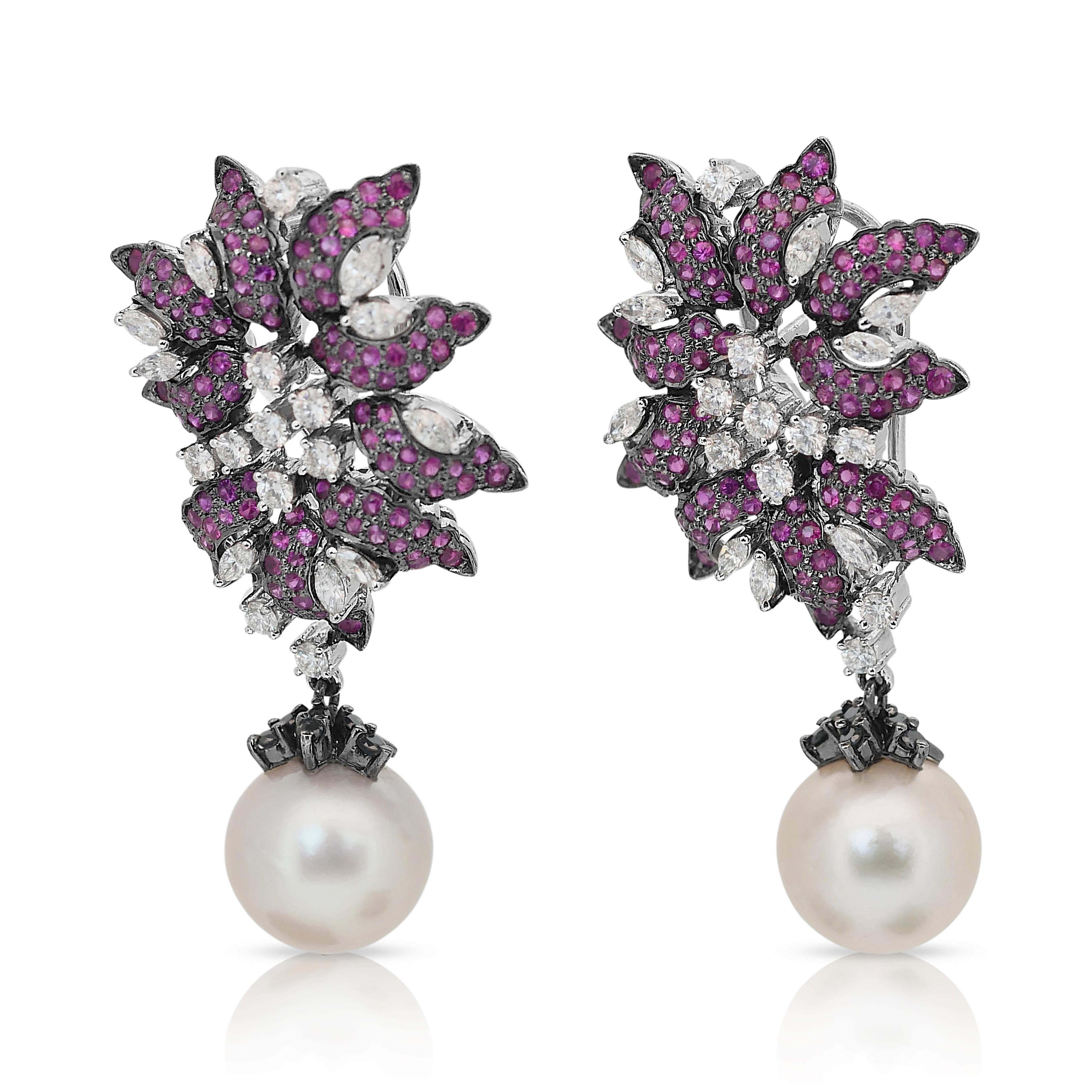 Round Cut Gorgeous 24.64ct Salt Water Pearls, Rubies, and Diamonds Drop Earrings For Sale