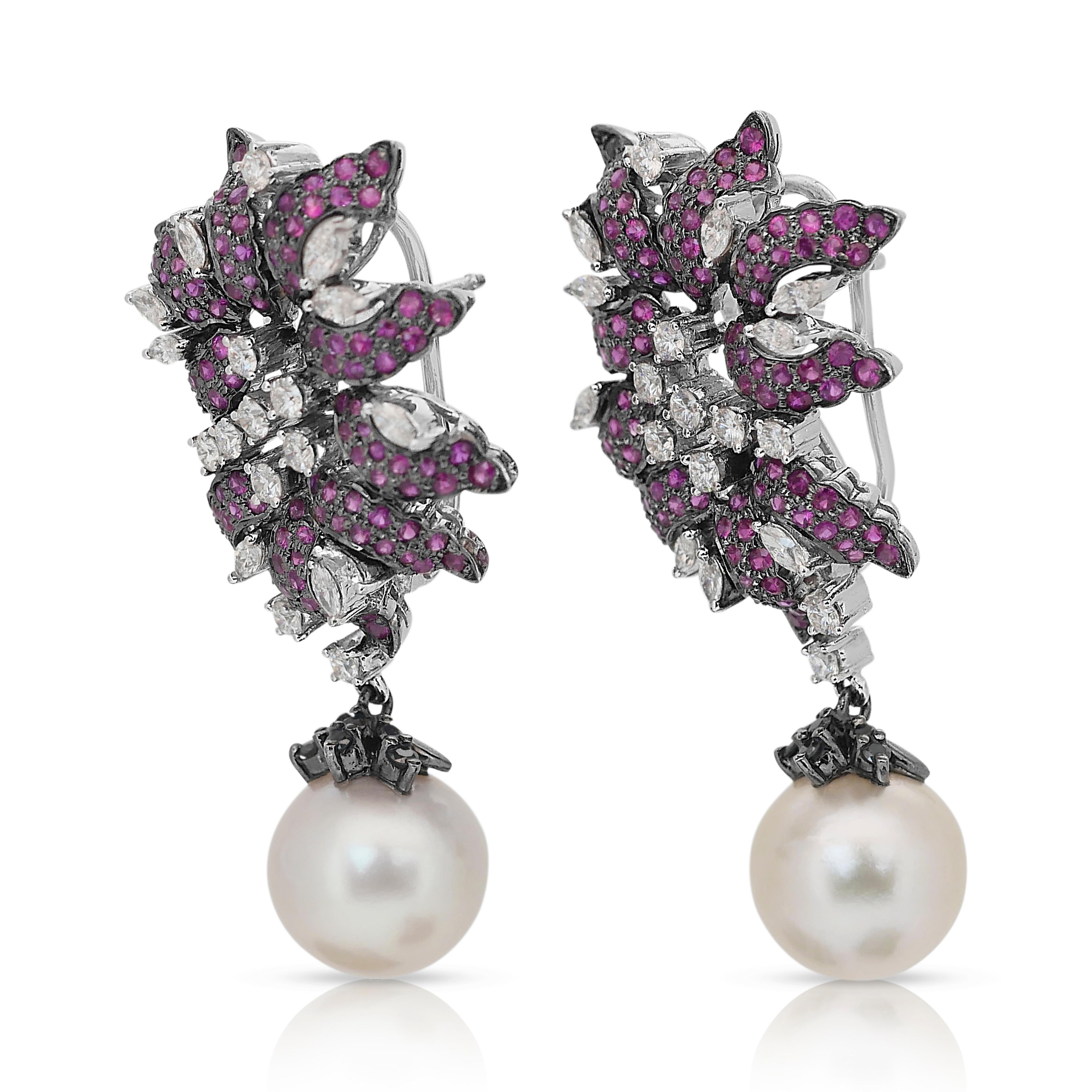 Gorgeous 24.64ct Salt Water Pearls, Rubies, and Diamonds Drop Earrings For Sale 1