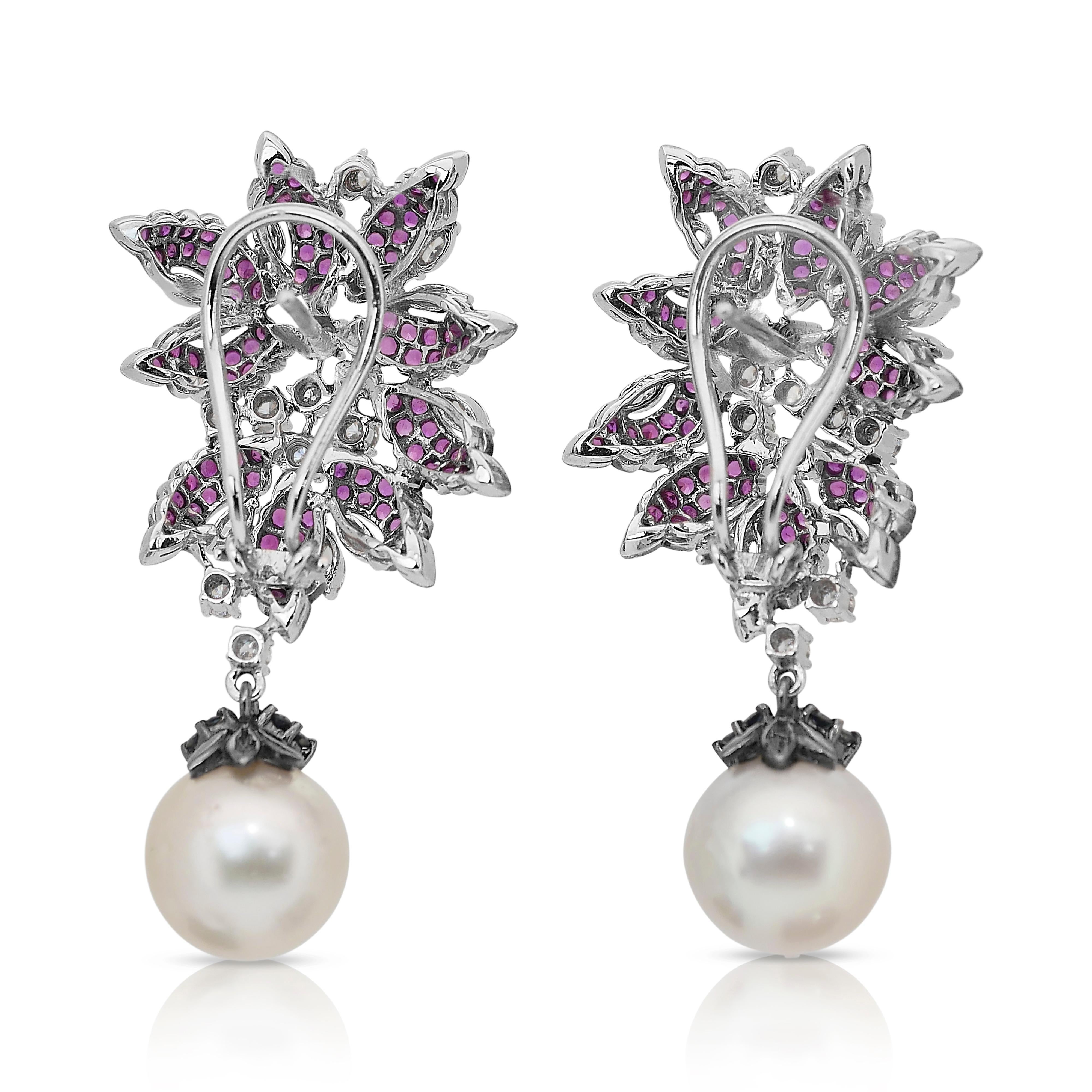 Gorgeous 24.64ct Salt Water Pearls, Rubies, and Diamonds Drop Earrings For Sale 2
