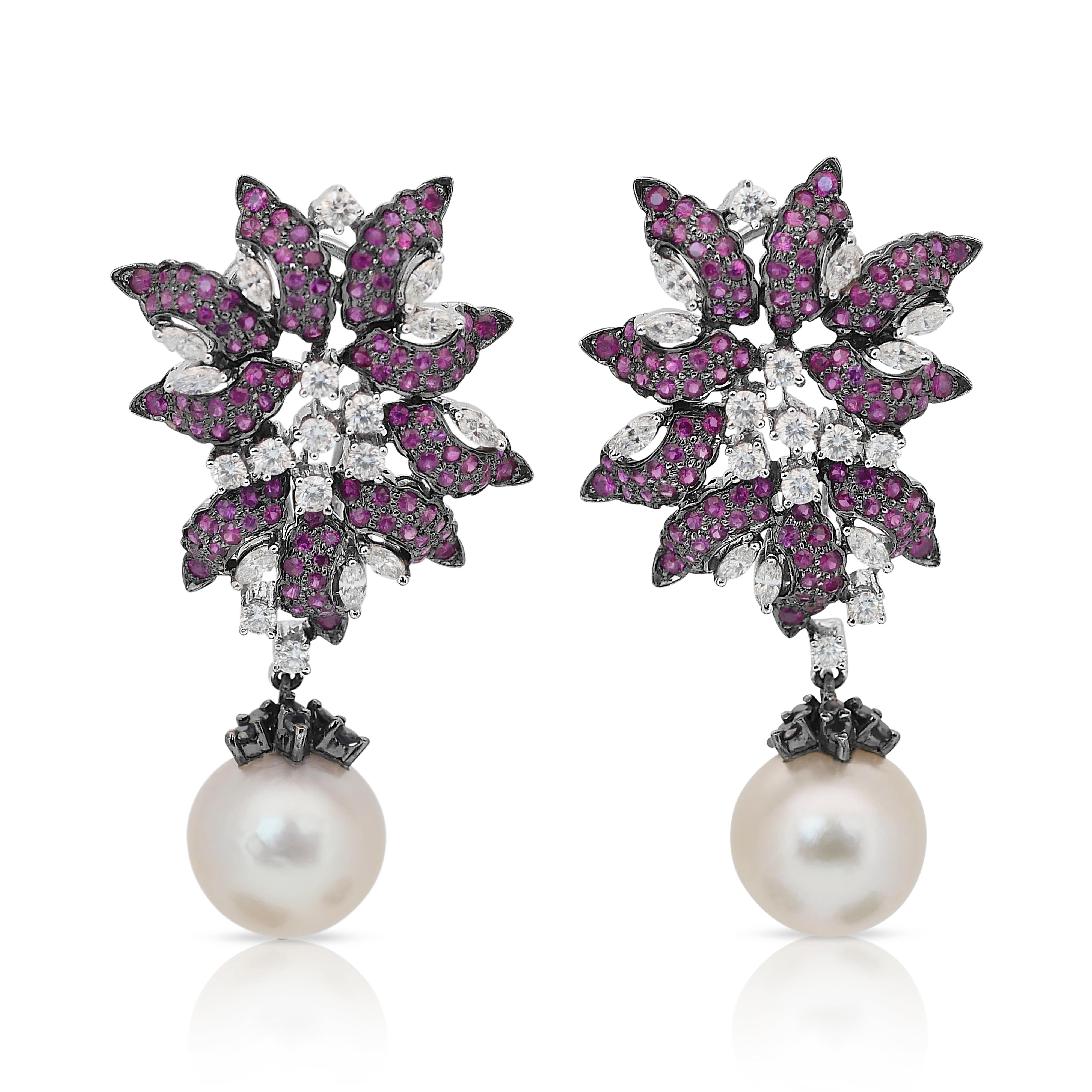 Gorgeous 24.64ct Salt Water Pearls, Rubies, and Diamonds Drop Earrings For Sale 4