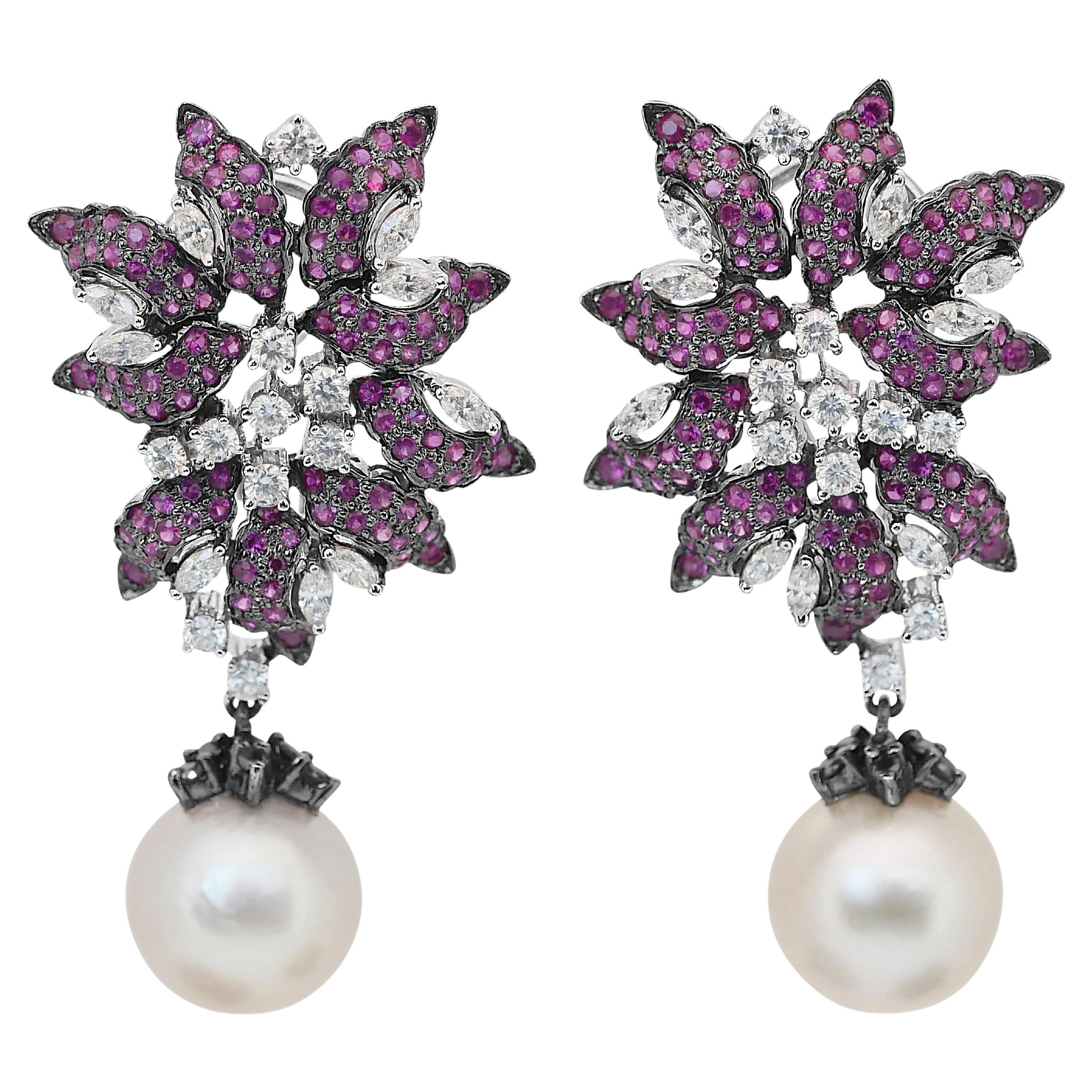 Gorgeous 24.64ct Salt Water Pearls, Rubies, and Diamonds Drop Earrings