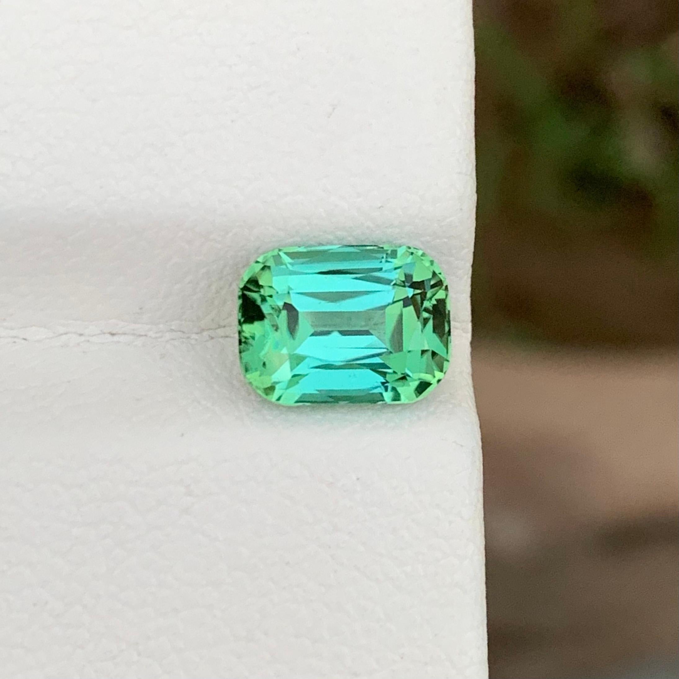 Faceted Tourmaline 
Weight: 2.50 Carats 
Dimension: 8.7x6.5x5.5 Mm
Origin: Kunar Afghanistan Mine
Shape: Long Cushion 
Color: Mint Green 
Treatment: Non / Natural 
Certificate: On Customer Demand 
Mint green tourmaline is a gemstone of exceptional