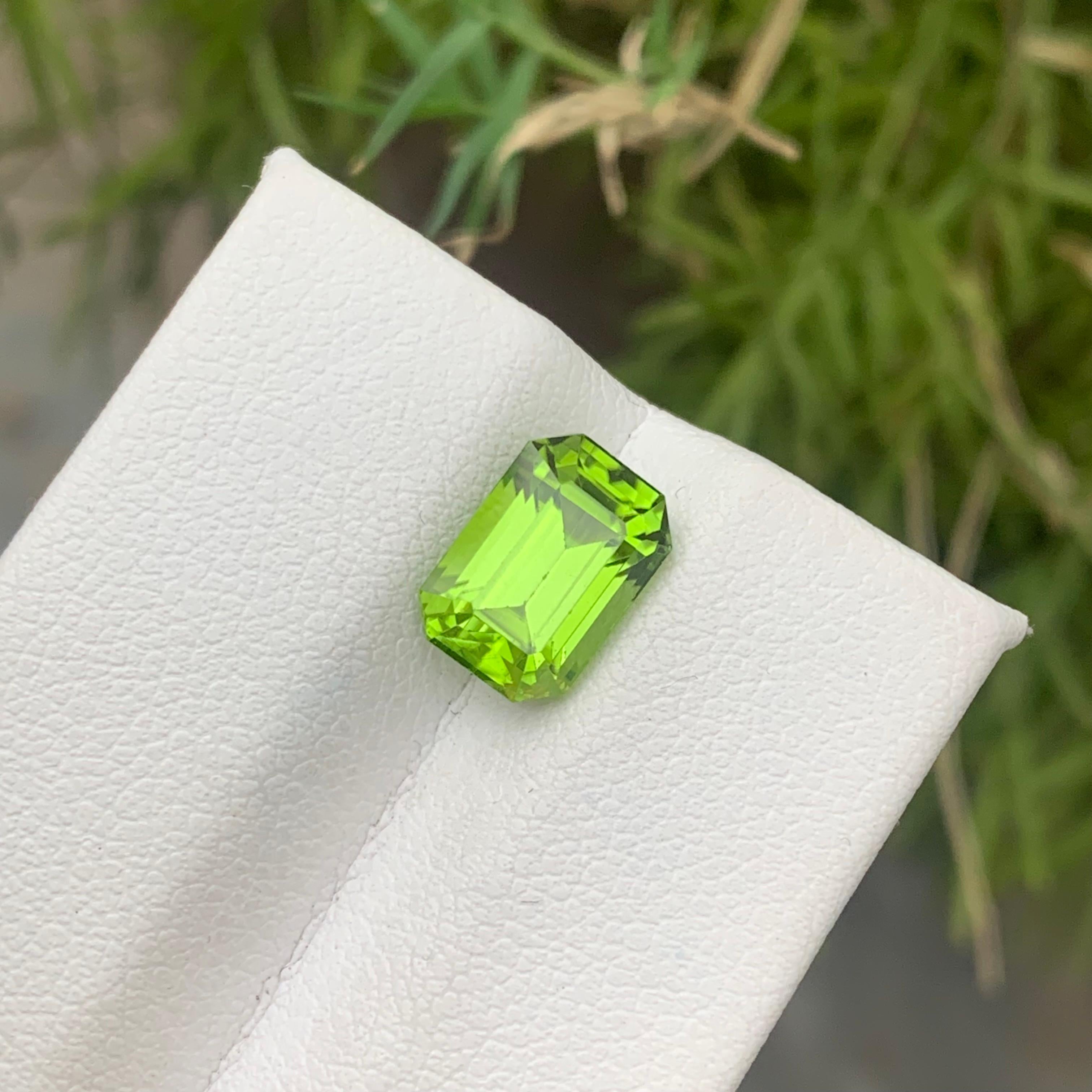Gemstone Type : Peridot
Weight : 3.35 Carats
Dimension: 9.6x6.8x5.9 Mm 
Origin : Suppat Valley Pakistan
Clarity : Clean
Certificate: On Demand
Color: Green
Treatment: Non
Shape: Emerald
It helps cure diseases related to lungs, breasts, intestinal