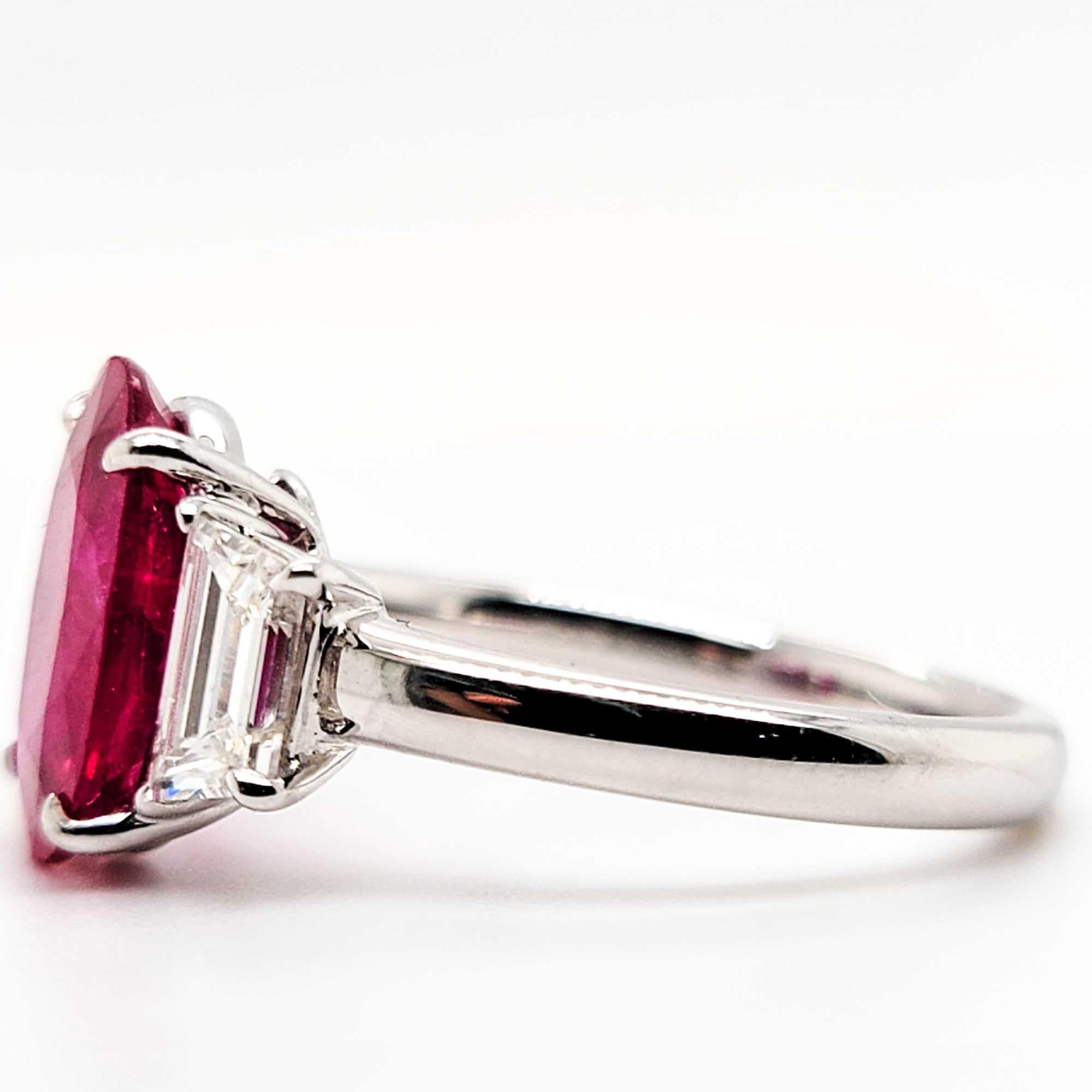 Oval Cut Sophia D, 3.39 Carat Ruby Ring with 0.72 Carat Trapezoid Diamonds in Platinum