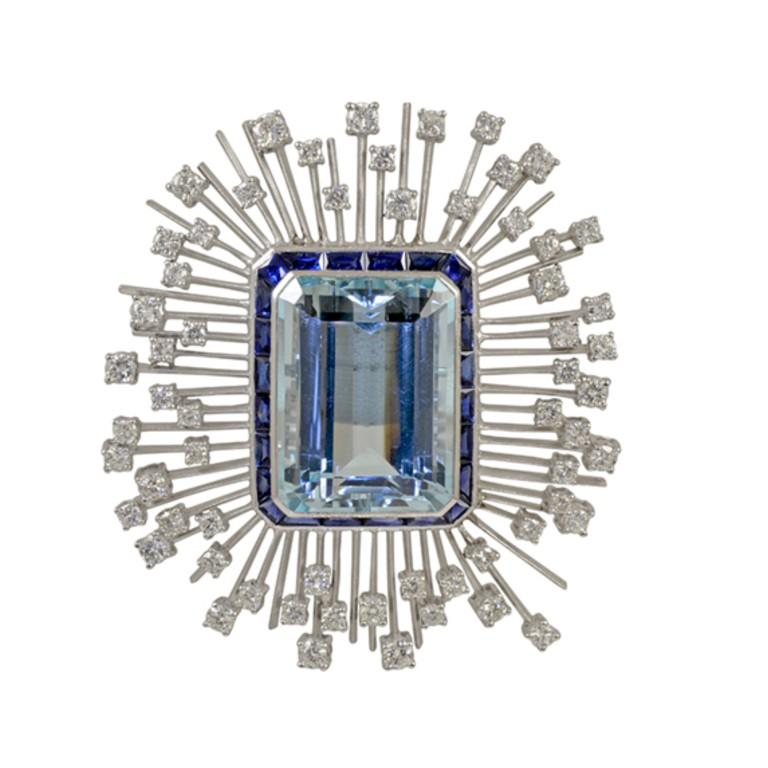 Sophia D, 35.03 Carat Aquamarine and Sapphire Platinum Brooch In New Condition For Sale In New York, NY