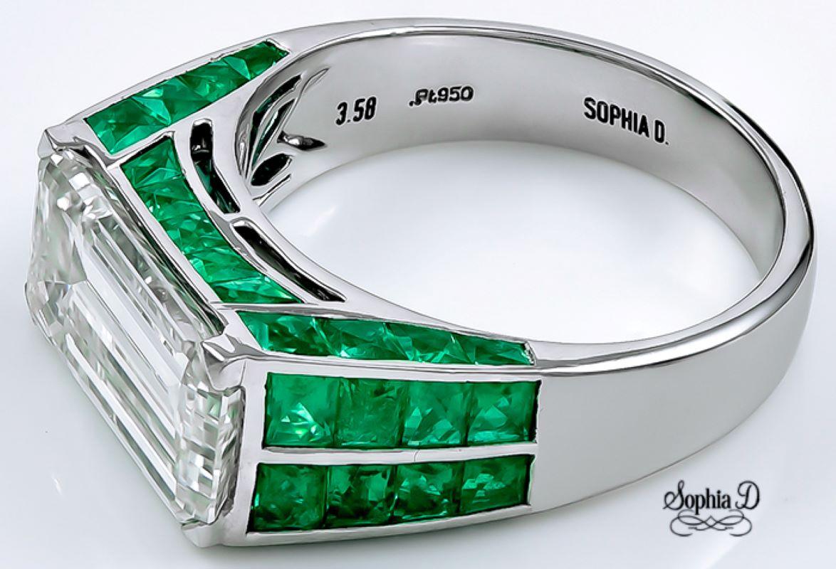 Sophia D Art Deco ring in platinum setting with a 3.58 carat baguette diamond center accentuated with 1.50 carats of emeralds.

Sophia D by Joseph Dardashti LTD has been known worldwide for 35 years and are inspired by classic Art Deco design that