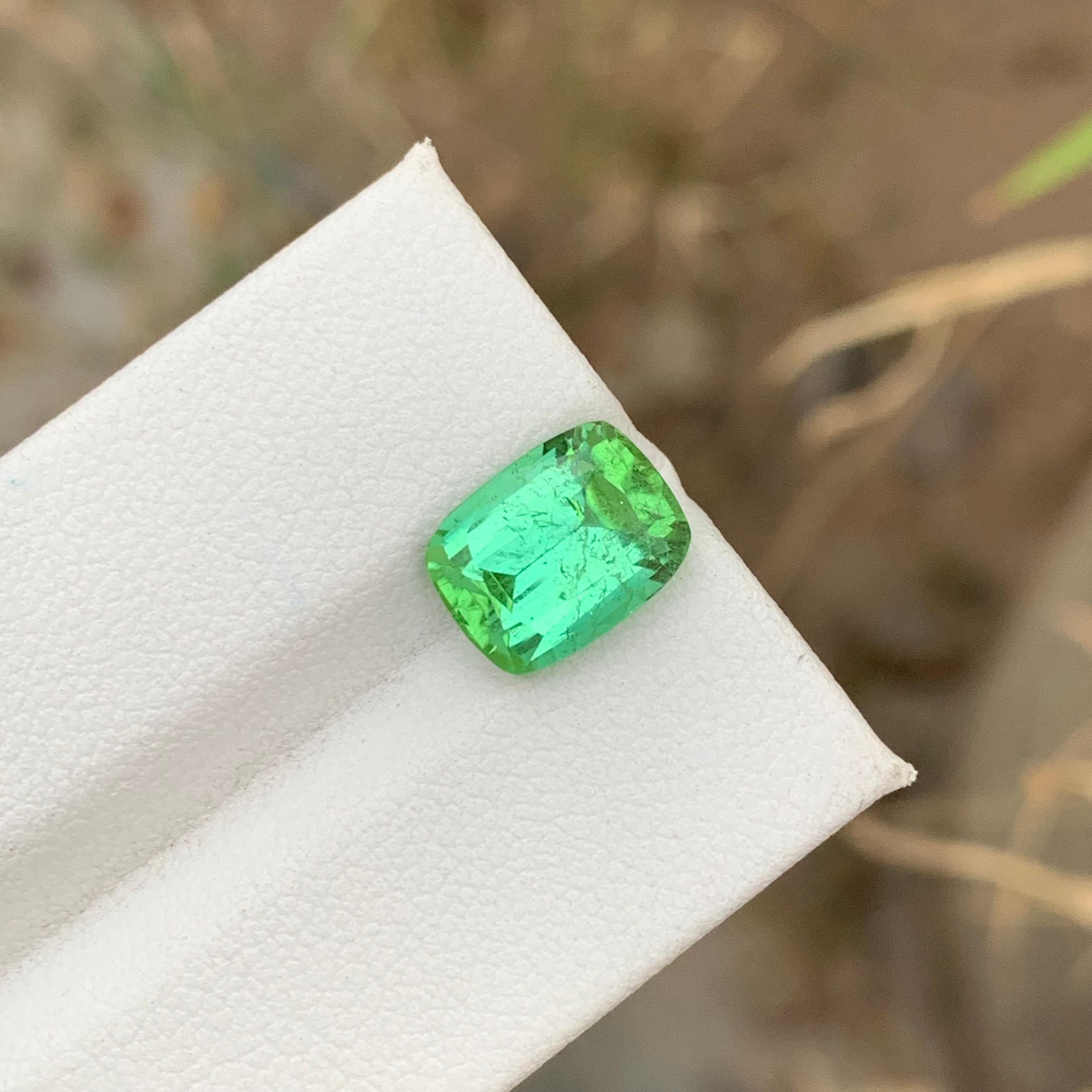 Loose Tourmaline 
Weight: 3.80 Carats 
Dimension: 10.1x7.8x6.1 Mm
Origin: Kunar Afghanistan 
Shape: Cushion
Color: Mint 
Treatment: Non
Certificate: On Demand 
Mint green tourmaline, a captivating gemstone prized for its distinctive color, belongs