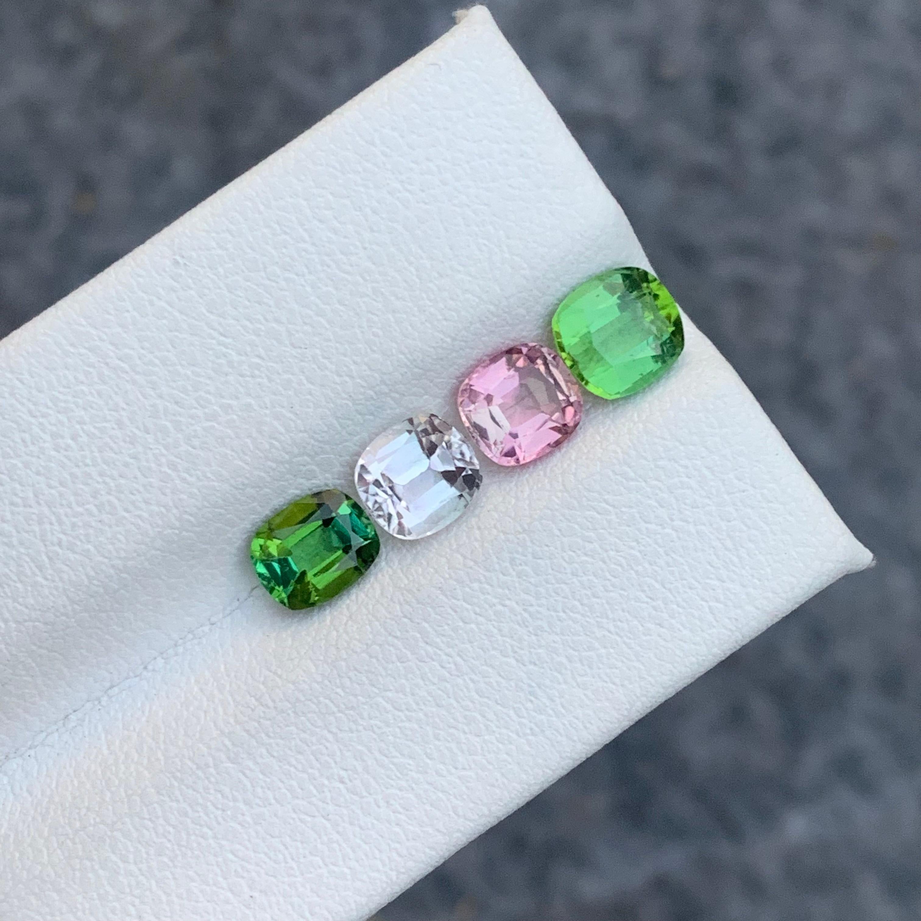 Gemstone Type : Tourmaline
Weight : 3.90 Carats
Size: 0.90 to 1.15 Carat
Origin : Kunar Afghanistan
Clarity : Eye Clean
Shape: Cushion 
Color: Mint Green, Pink 
Certificate: On Demand
Basically, mint tourmalines are tourmalines with pastel hues of