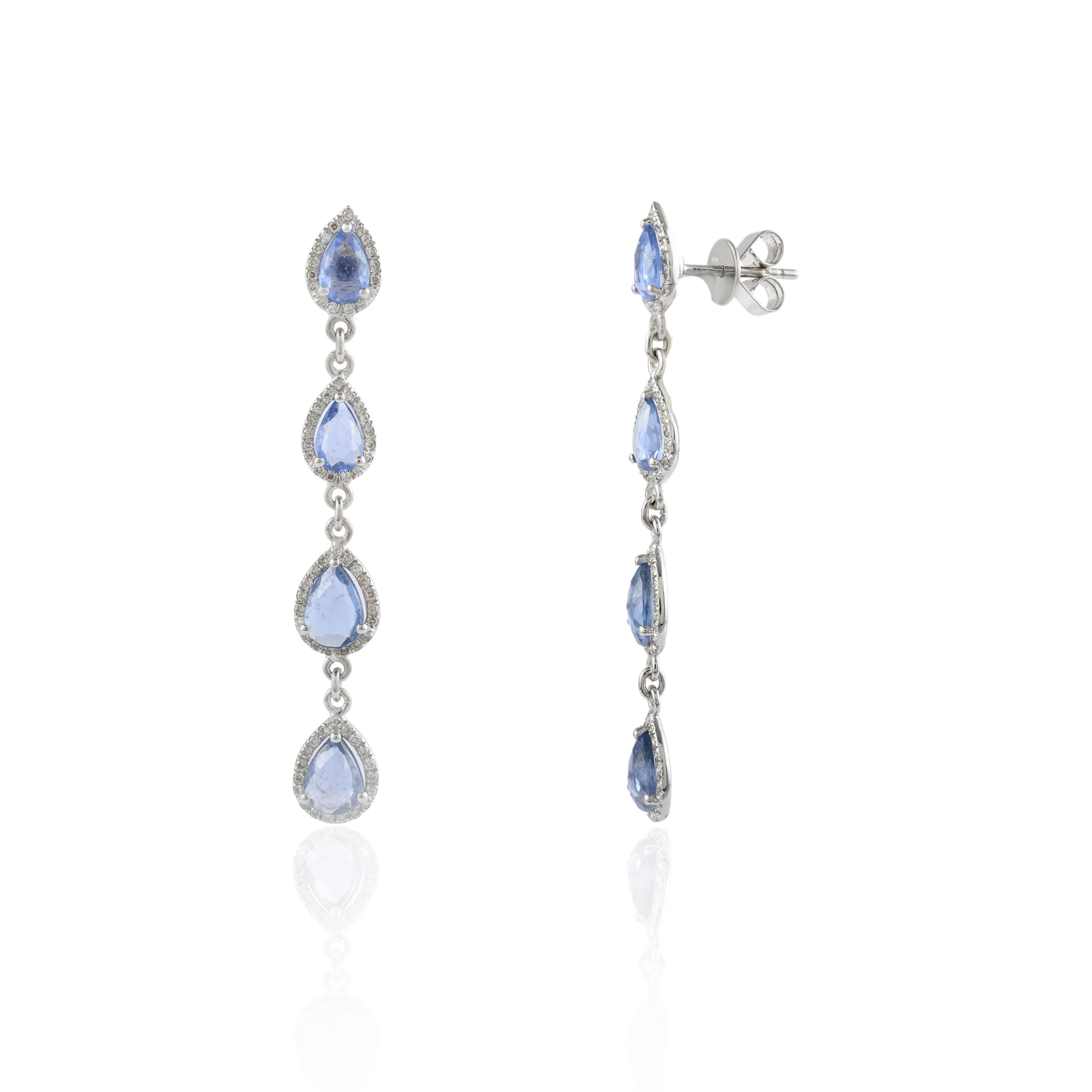 Modern Gorgeous 4.38ct Sapphire Dangle Earrings with Diamonds in 14k Solid White Gold For Sale