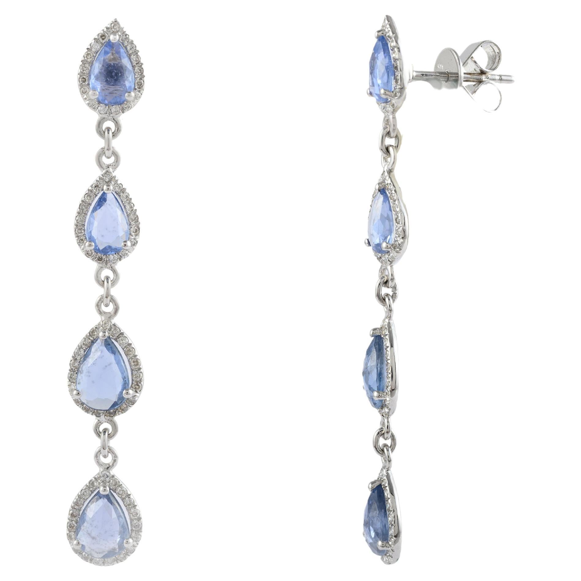 Gorgeous 4.38ct Sapphire Dangle Earrings with Diamonds in 14k Solid White Gold