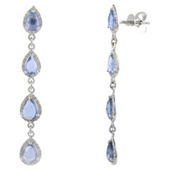 Antique Gorgeous 4.38ct Sapphire Dangle Earrings with Diamonds in 14k Solid White Gold