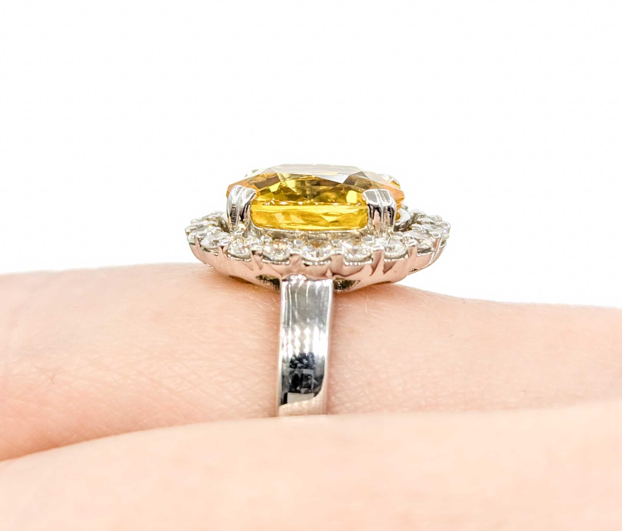 Wunderschöner Halo-Ring aus 18 Karat Weißgold mit 4,75 Karat gelbem Saphir und Diamant (Zeitgenössisch)