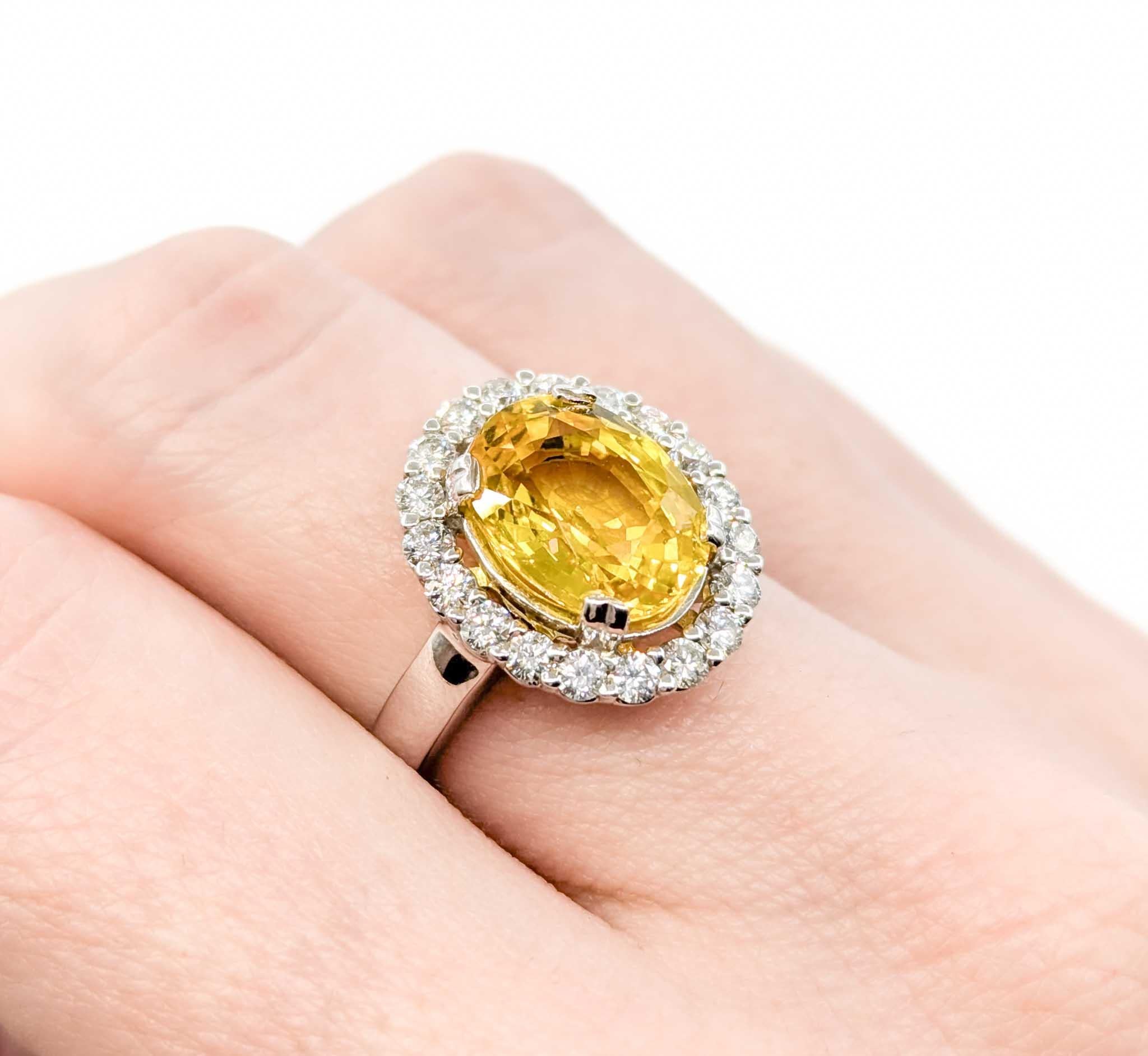 Wunderschöner Halo-Ring aus 18 Karat Weißgold mit 4,75 Karat gelbem Saphir und Diamant (Ovalschliff)