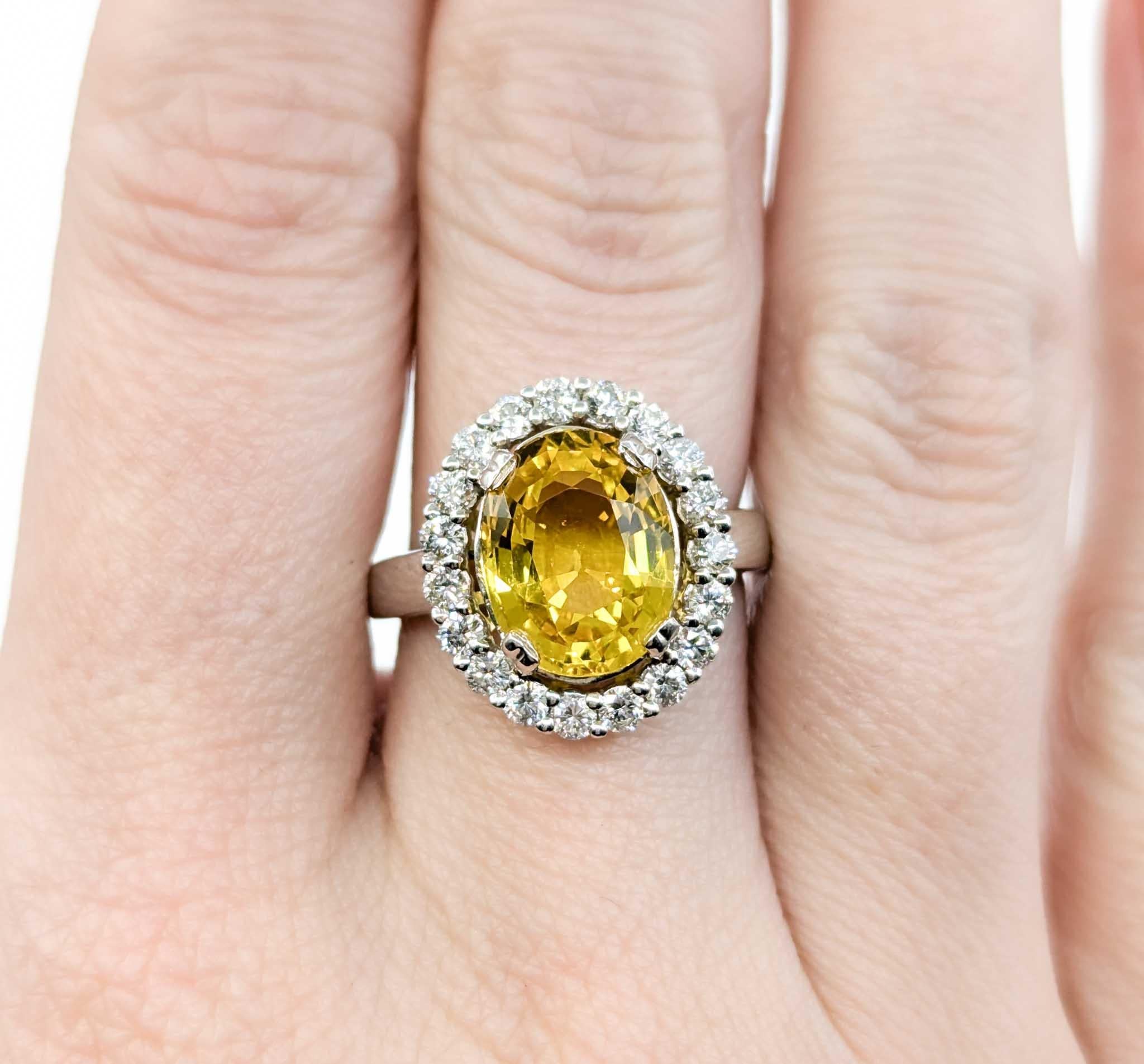Wunderschöner Halo-Ring aus 18 Karat Weißgold mit 4,75 Karat gelbem Saphir und Diamant im Zustand „Hervorragend“ in Bloomington, MN