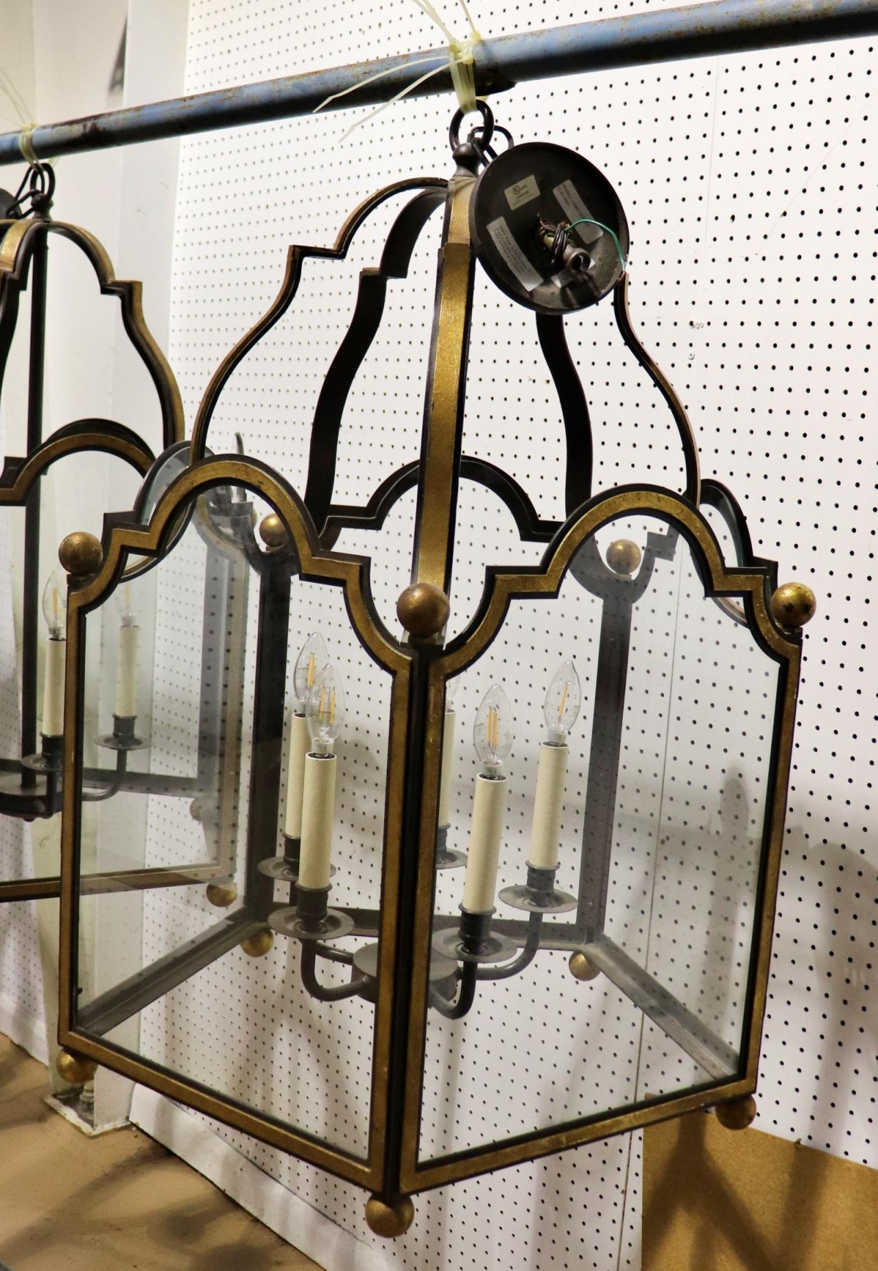 French Provincial Gorgeous 5 light 5 panel Glazed Wrought Iron Lantern Chandelier For Sale