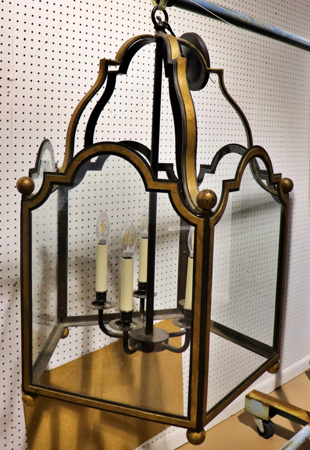 Contemporary Gorgeous 5 light 5 panel Glazed Wrought Iron Lantern Chandelier For Sale