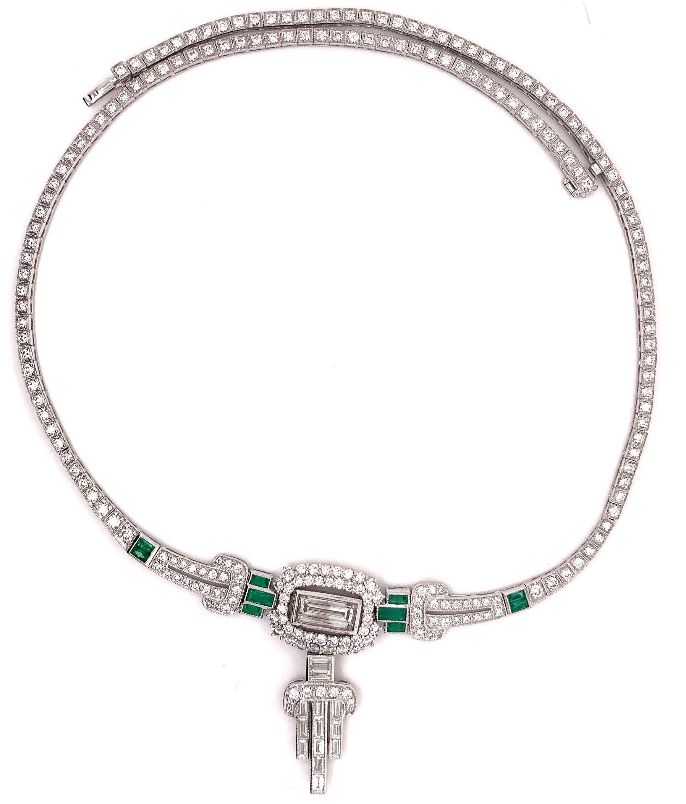 Platinum necklace that showcases emerald stones weighing 0.90 carats spaced by 1.51 carats of baguette cut in the center, knotted with small dazzling diamonds with the total carat weight of 5.81. 

Sophia D by Joseph Dardashti LTD has been known