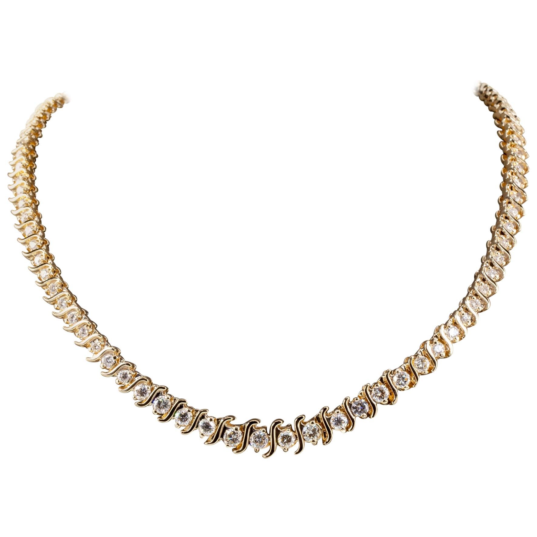 Gorgeous 6 Carat Round Diamond Tennis Necklace with S Links in Yellow Gold
