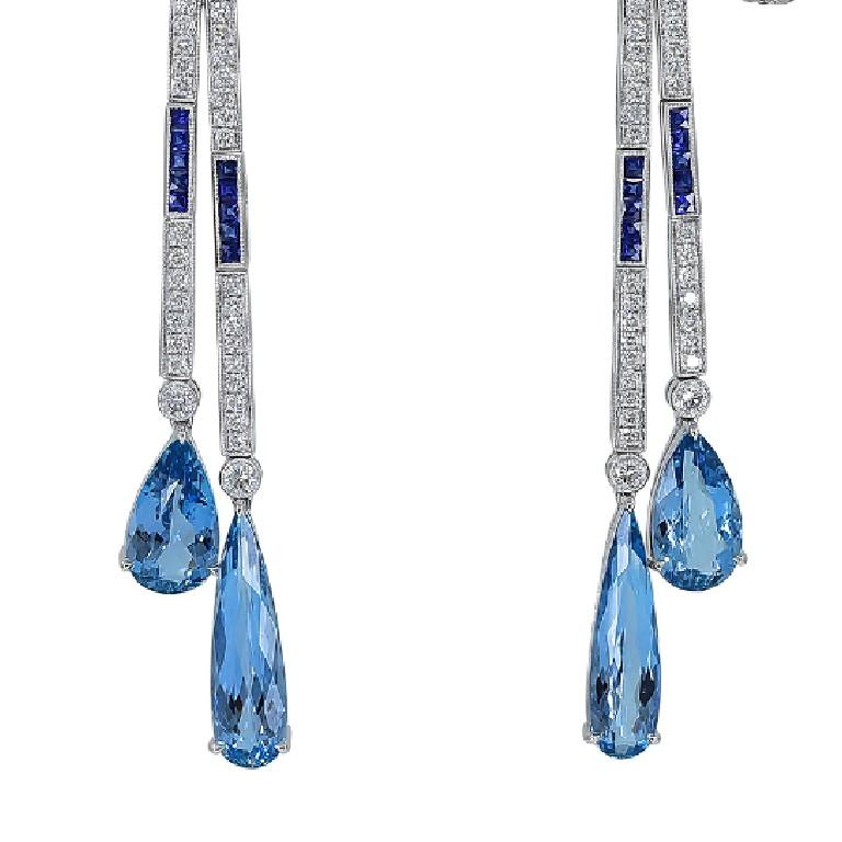 Platinum earrings with 7.50 carat aqua stone together with 1.65 carat sapphire and diamonds with a total carat weight of 2.52. 

Sophia D by Joseph Dardashti LTD has been known worldwide for 35 years and are inspired by classic Art Deco design that