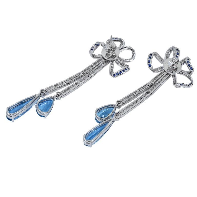 Oval Cut Sophia D. Aquamarine, Blue Sapphire and Diamond Earrings in Platinum For Sale