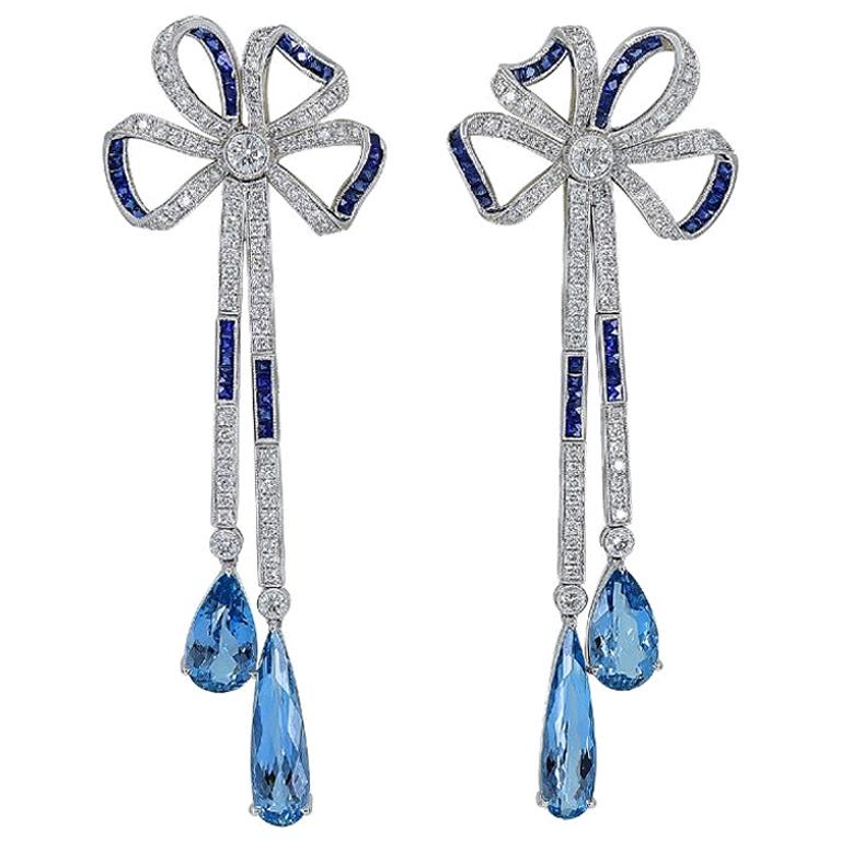 Sophia D. Aquamarine, Blue Sapphire and Diamond Earrings in Platinum For Sale