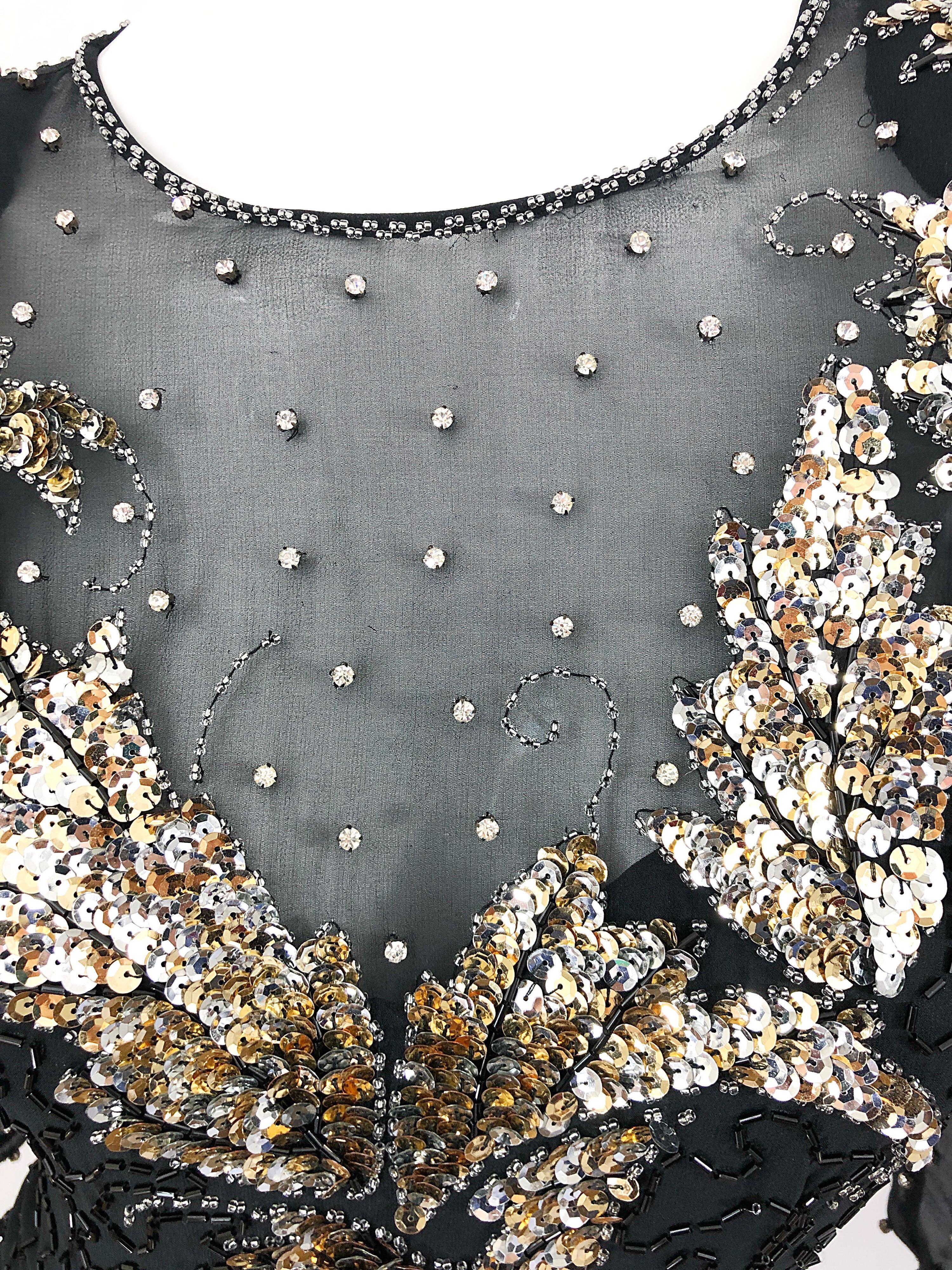 Gorgeous 90s Sz 6 Silk Chiffon Black + Silver + Gold Sequin Beaded Vintage Dress For Sale 3