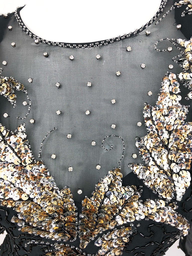 Gorgeous 90s Sz 6 Silk Chiffon Black + Silver + Gold Sequin Beaded Vintage Dress