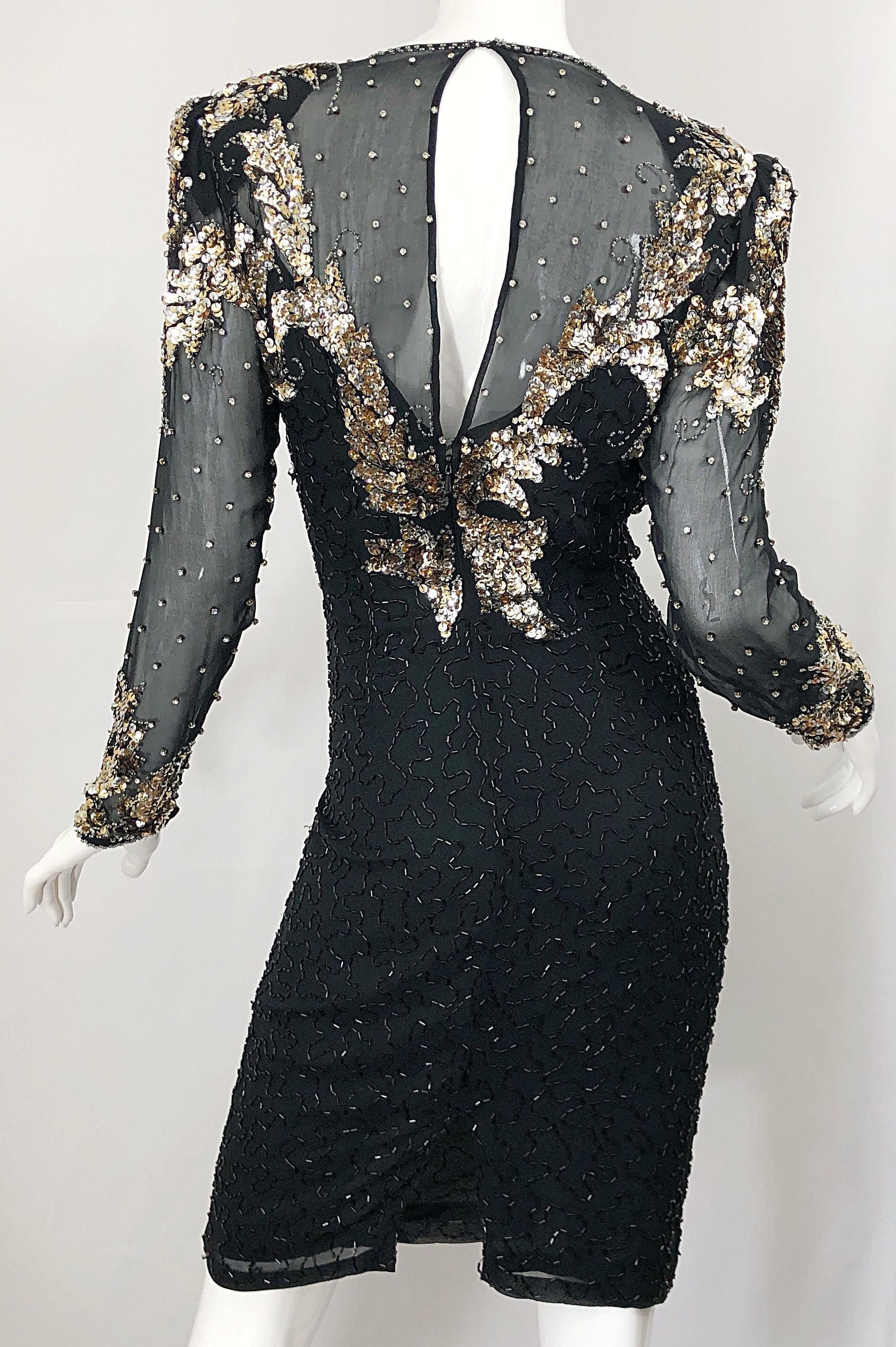 Gorgeous 90s Sz 6 Silk Chiffon Black + Silver + Gold Sequin Beaded Vintage Dress For Sale 4