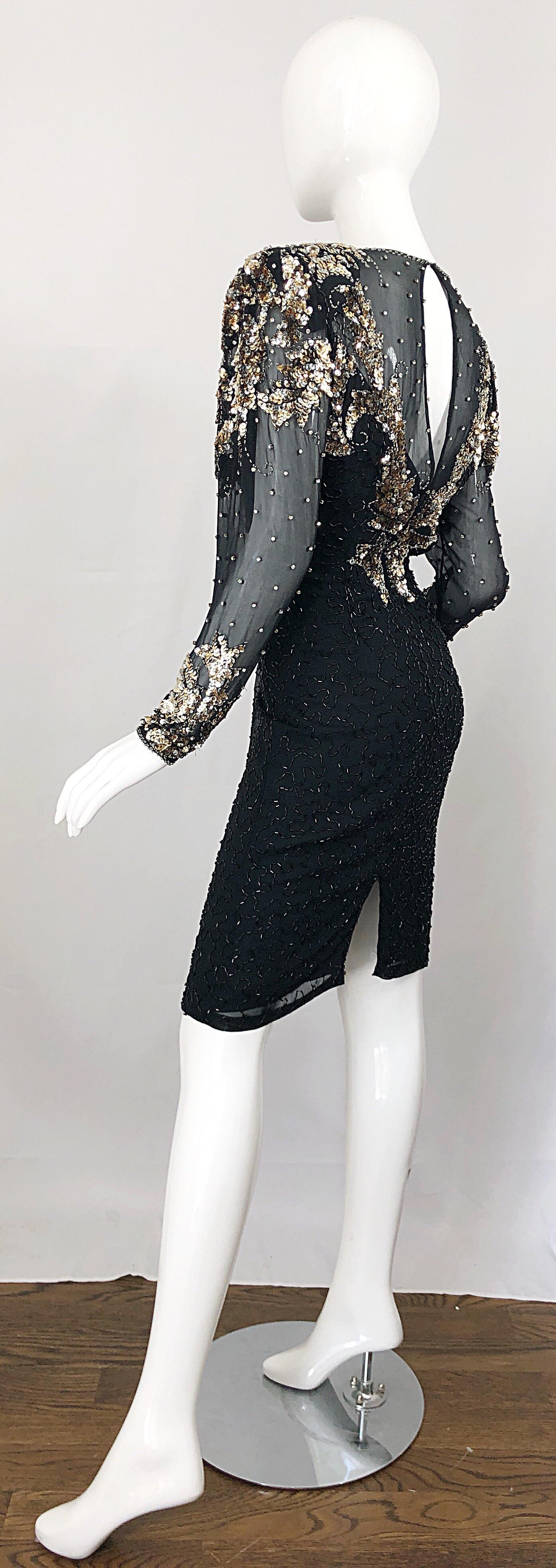 Gorgeous 90s Sz 6 Silk Chiffon Black + Silver + Gold Sequin Beaded Vintage Dress For Sale 5