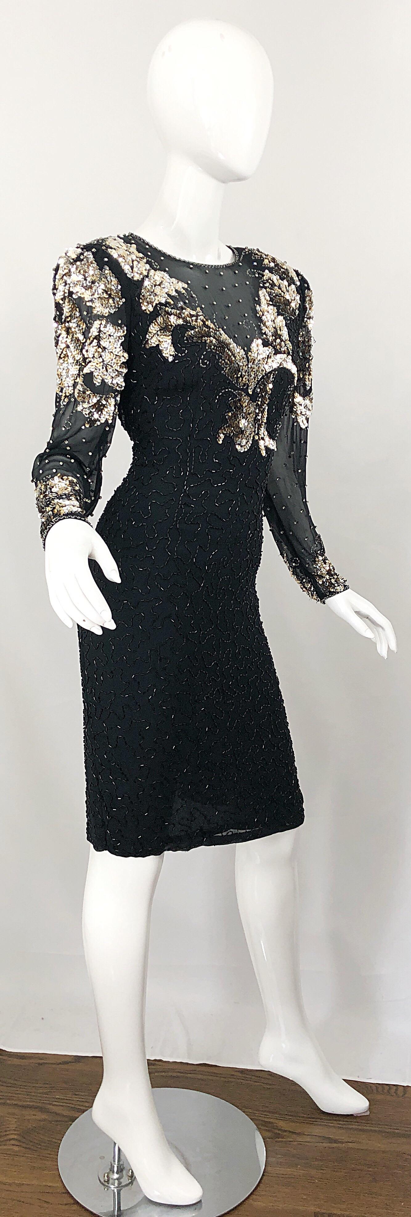 Gorgeous 90s Sz 6 Silk Chiffon Black + Silver + Gold Sequin Beaded Vintage Dress For Sale 6