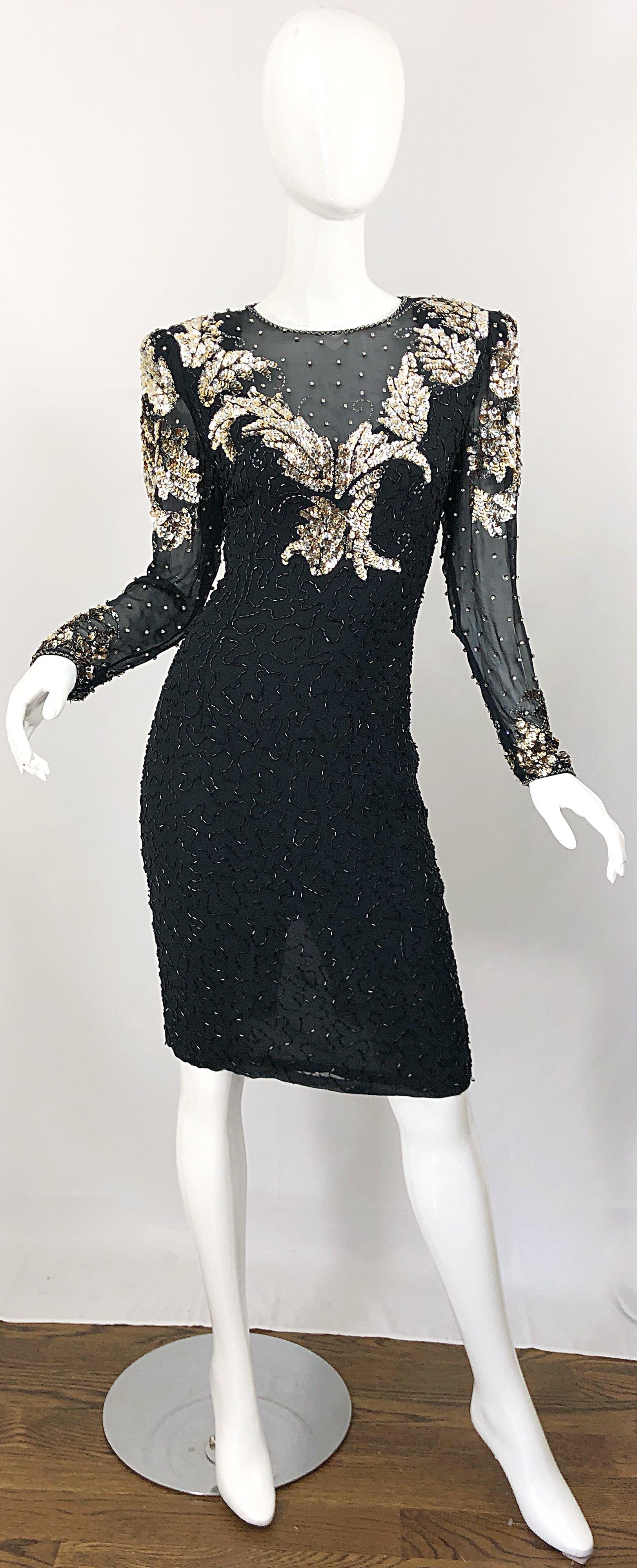 Gorgeous 90s Sz 6 Silk Chiffon Black + Silver + Gold Sequin Beaded Vintage Dress For Sale 7