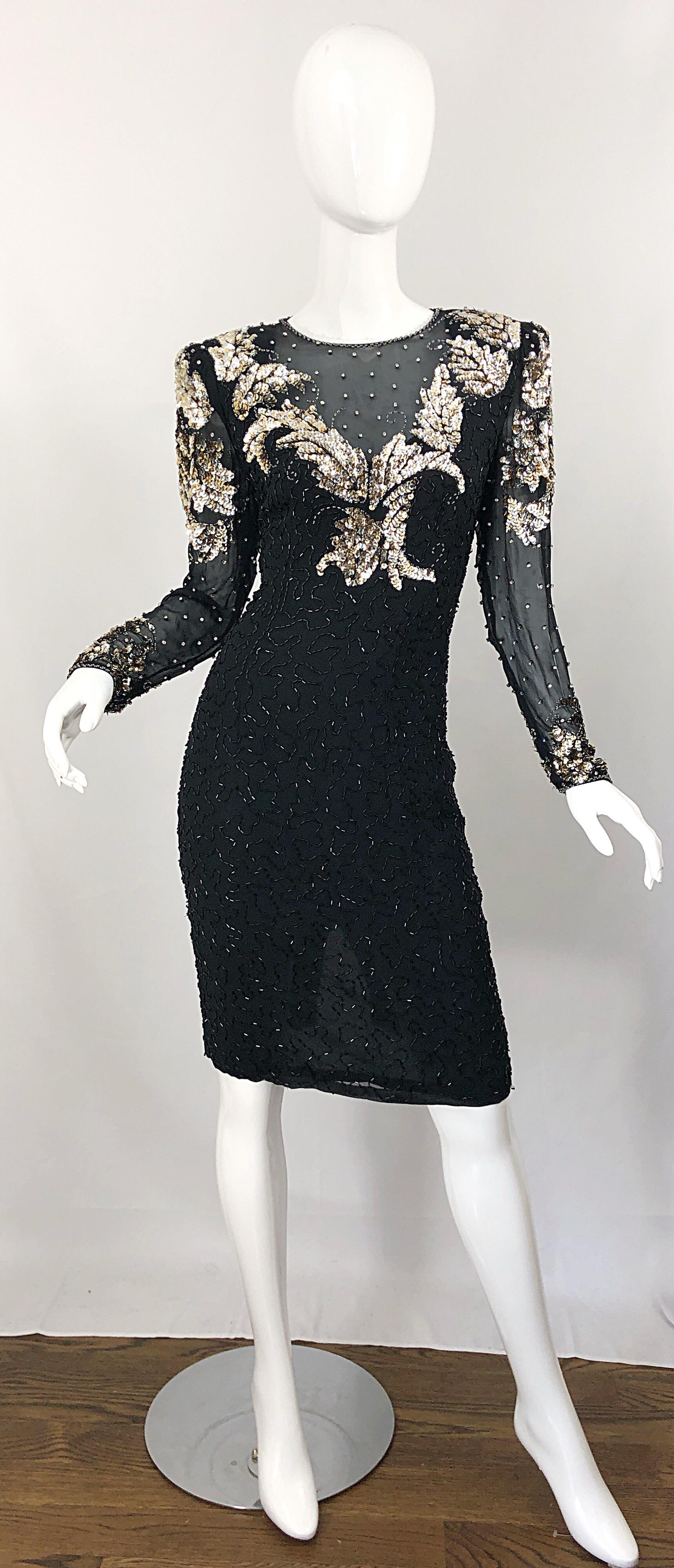 Gorgeous 1990s vintage black silk chiffon beaded cocktail dress! Features layers of luxurious black silk chiffon, with thousands of hand-sewn sequins, beads and rhinestones throughout. Peek-a-boo open back reveals just the right amount of skin.