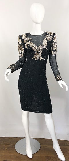 Gorgeous 90s Sz 6 Silk Chiffon Black + Silver + Gold Sequin Beaded Vintage Dress