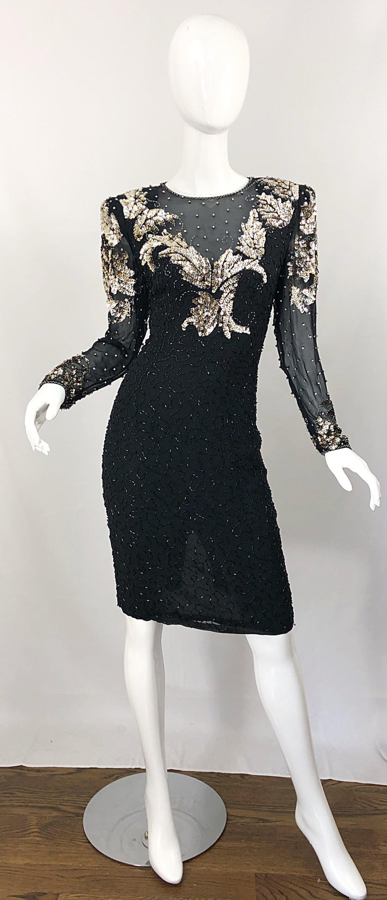 Gorgeous 90s Sz 6 Silk Chiffon Black + Silver + Gold Sequin Beaded Vintage Dress Gorgeous 90s Sz 6 Silk Chiffon Black + Silver + Gold Sequin Beaded Vintage Dress