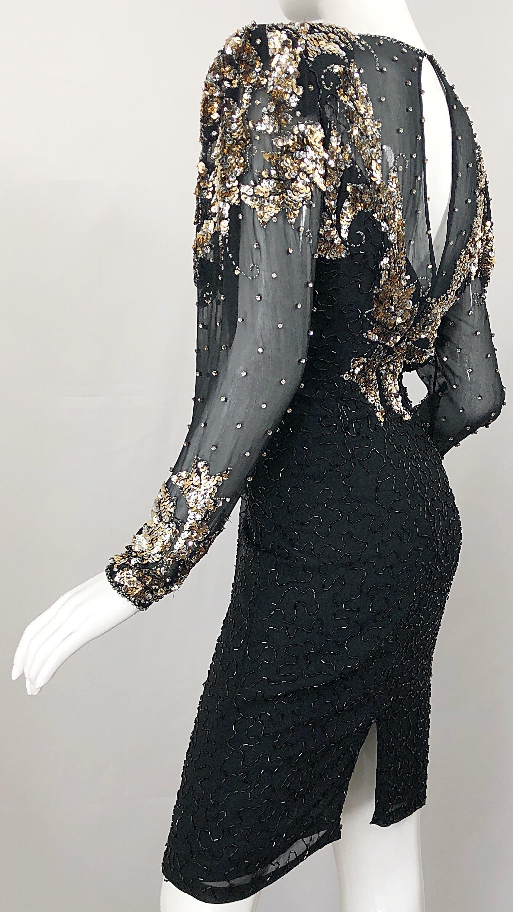 Gorgeous 90s Sz 6 Silk Chiffon Black + Silver + Gold Sequin Beaded Vintage Dress In Excellent Condition For Sale In San Diego, CA