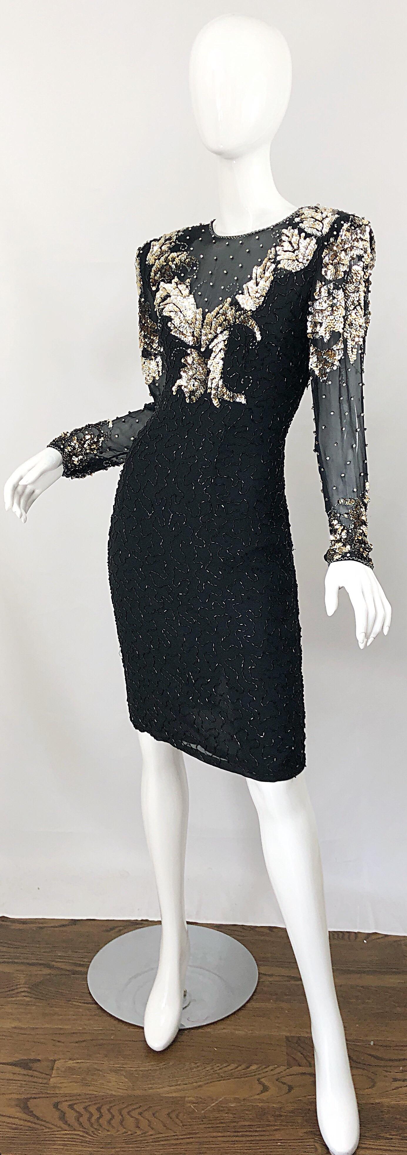 Women's Gorgeous 90s Sz 6 Silk Chiffon Black + Silver + Gold Sequin Beaded Vintage Dress For Sale