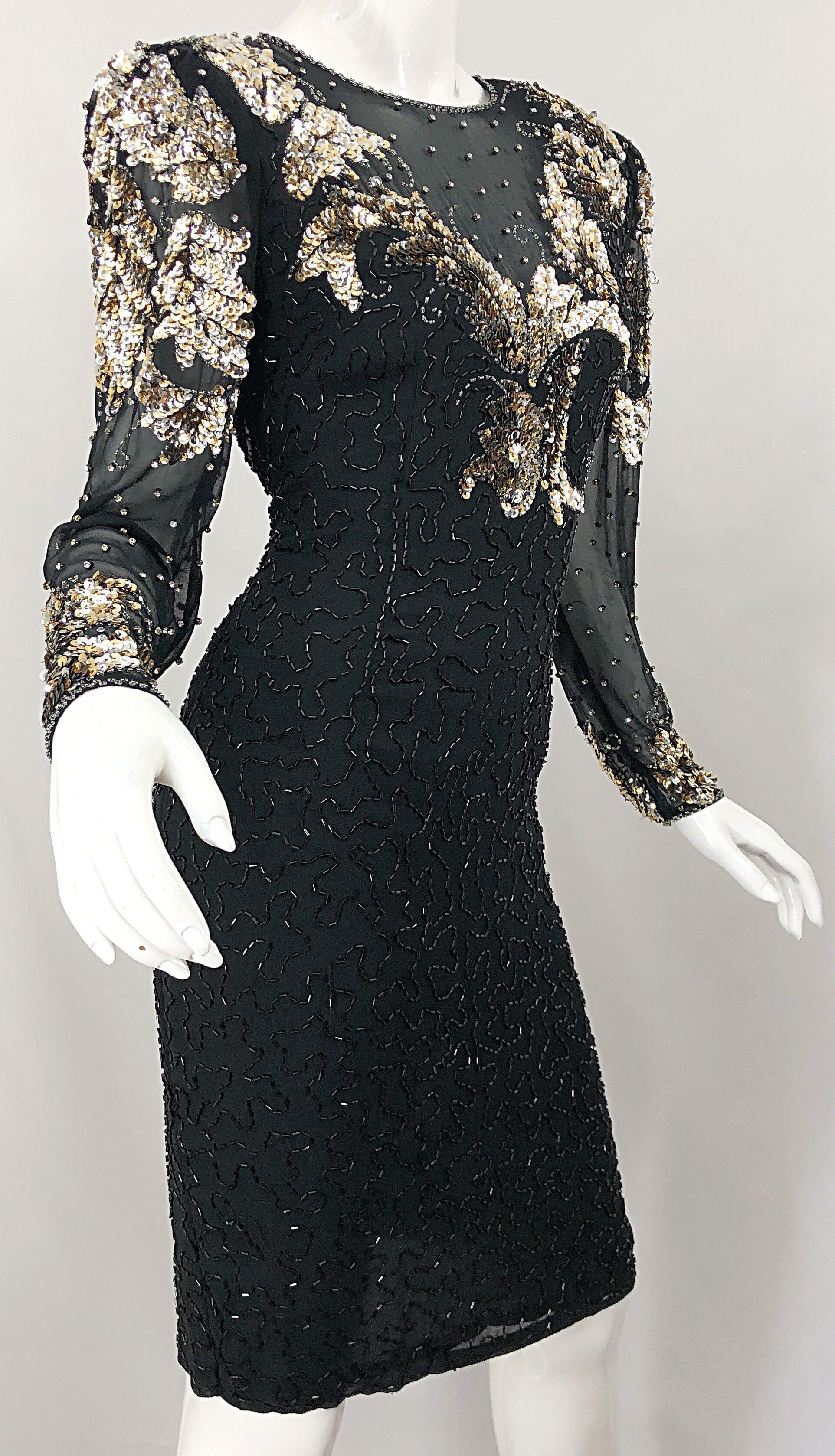 Gorgeous 90s Sz 6 Silk Chiffon Black + Silver + Gold Sequin Beaded Vintage Dress For Sale 1