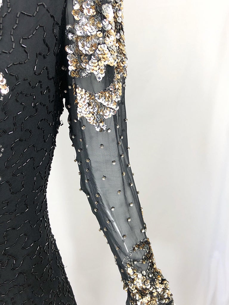 Gorgeous 90s Sz 6 Silk Chiffon Black + Silver + Gold Sequin Beaded Vintage Dress Gorgeous 90s Sz 6 Silk Chiffon Black + Silver + Gold Sequin Beaded Vintage Dress