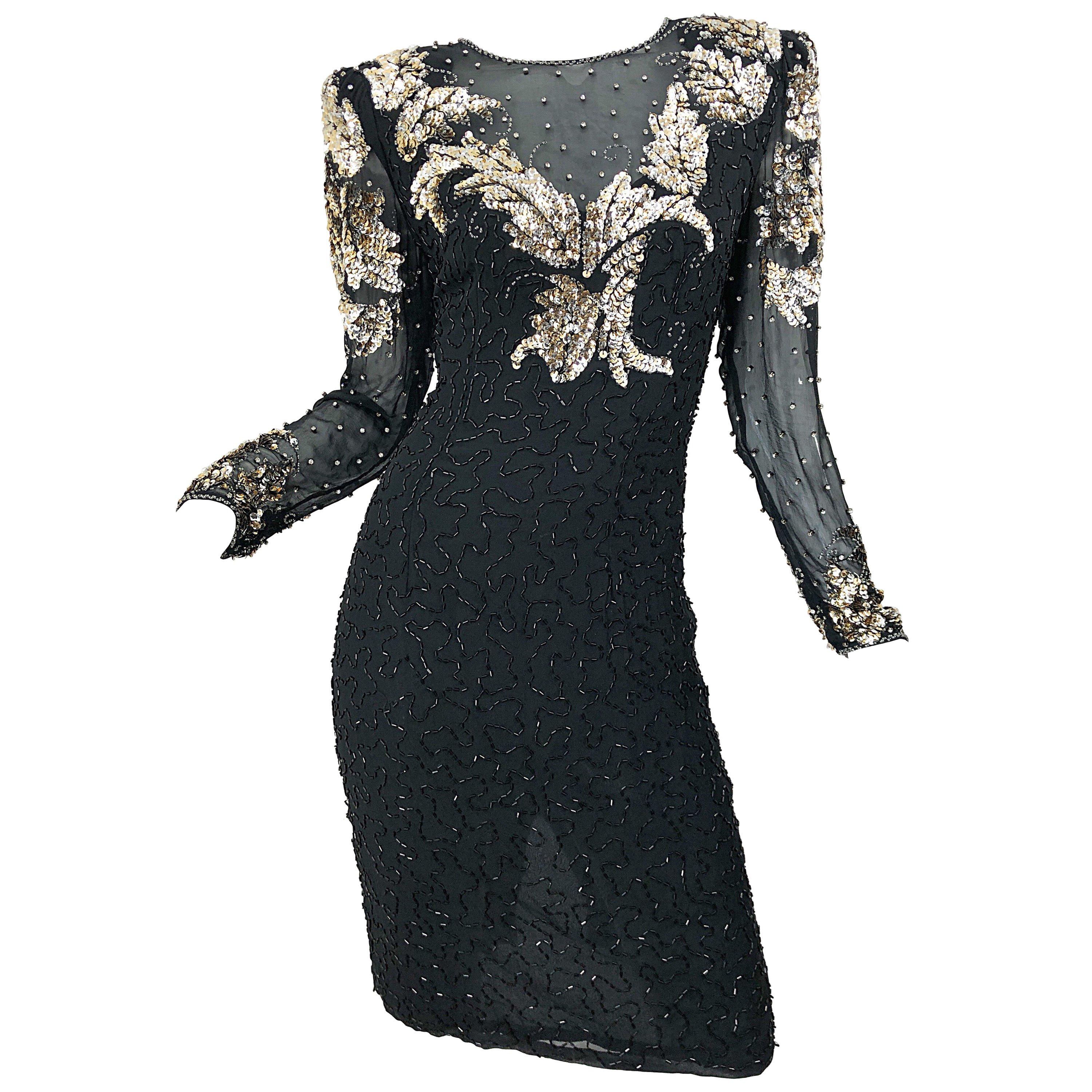 Gorgeous 90s Sz 6 Silk Chiffon Black + Silver + Gold Sequin Beaded Vintage Dress For Sale